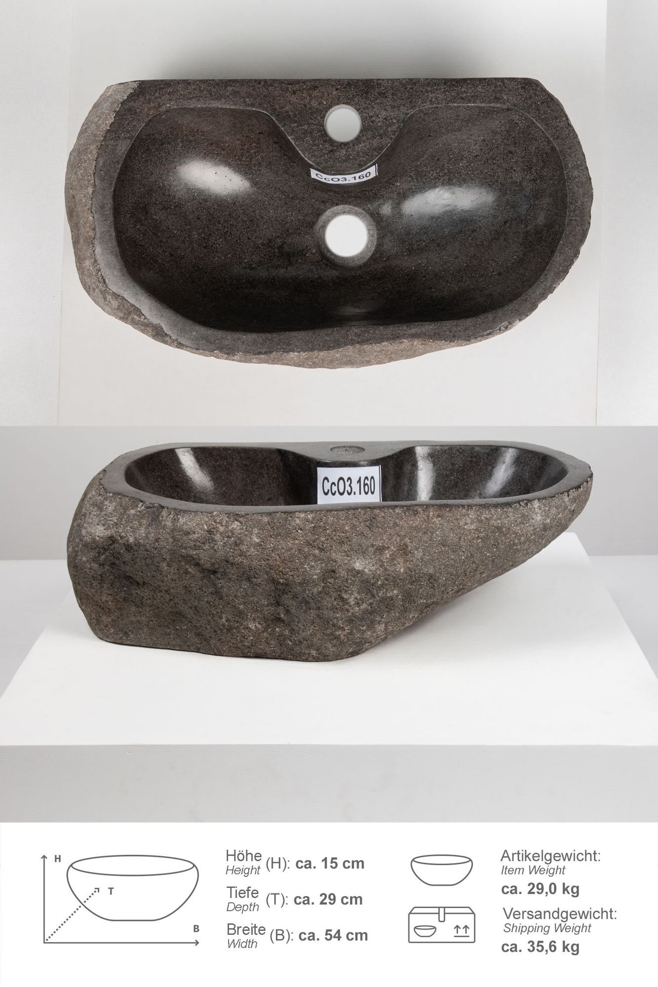Naturstein Waschbecken 50 cm oval mit Hahnloch CcO3.160