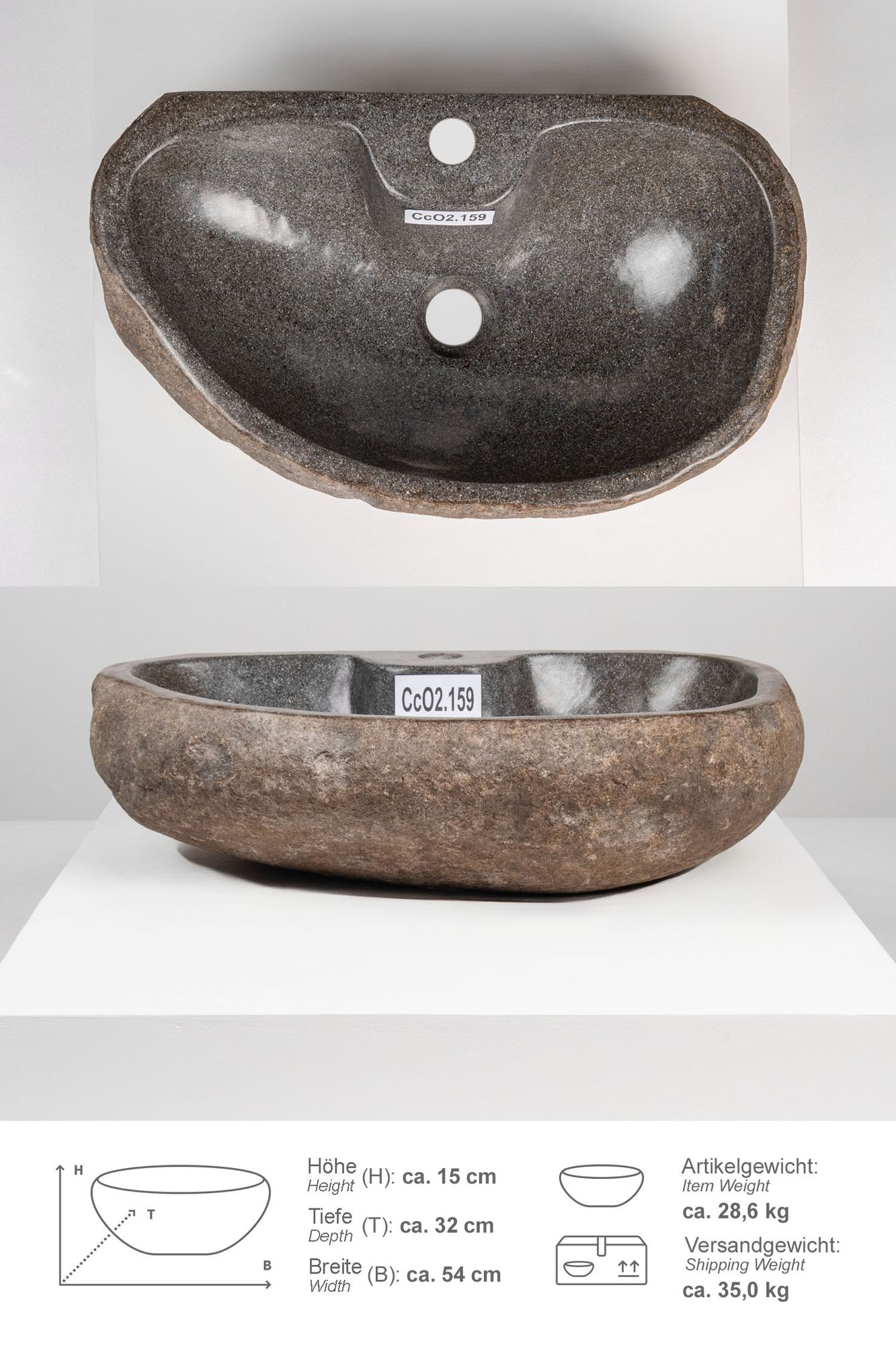 Naturstein Waschbecken 50 cm oval mit Hahnloch CcO2.159