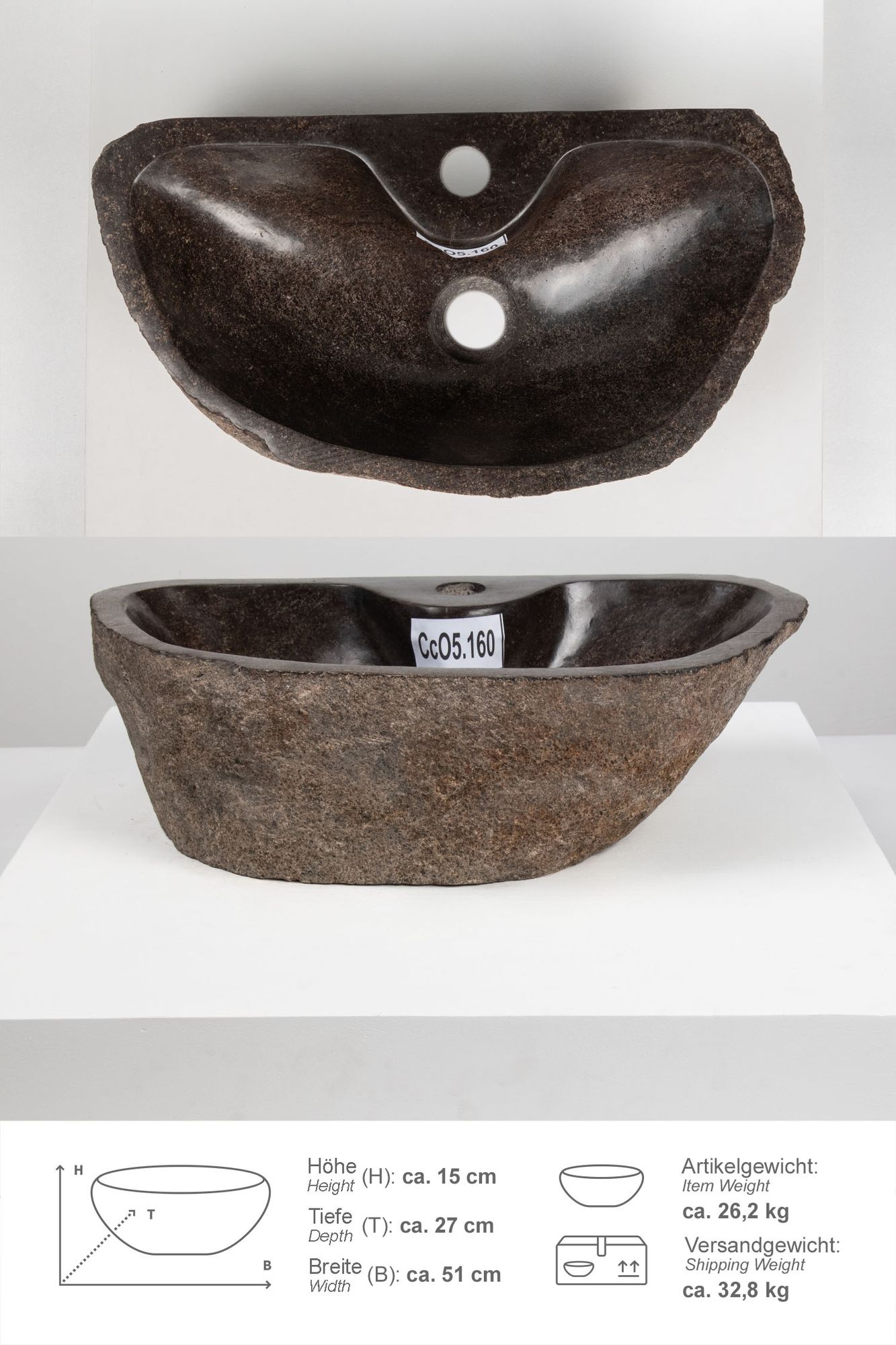 Naturstein Waschbecken 50 cm oval mit Hahnloch CcO5.160