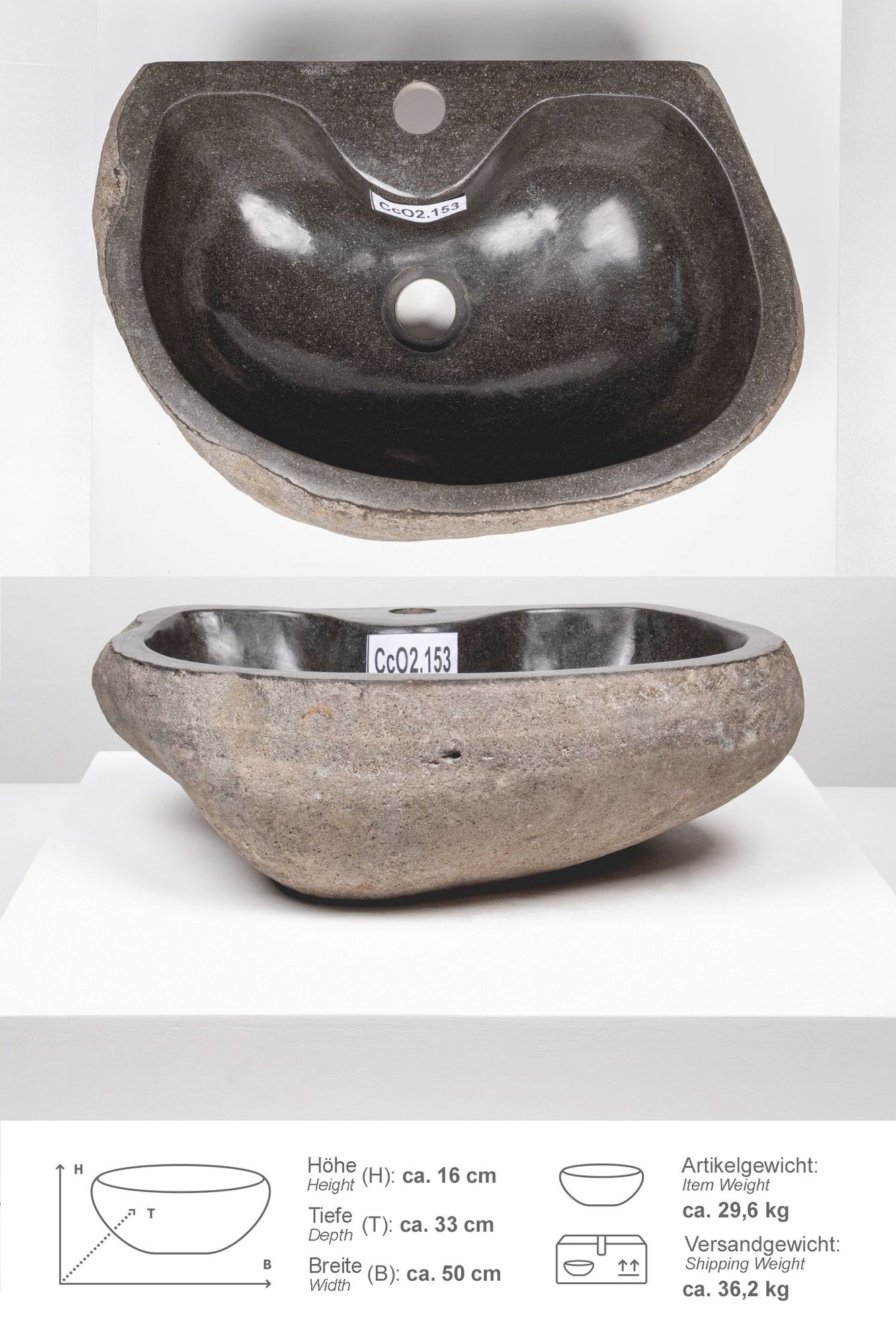 Naturstein Waschbecken 50 cm oval mit Hahnloch CcO2.153