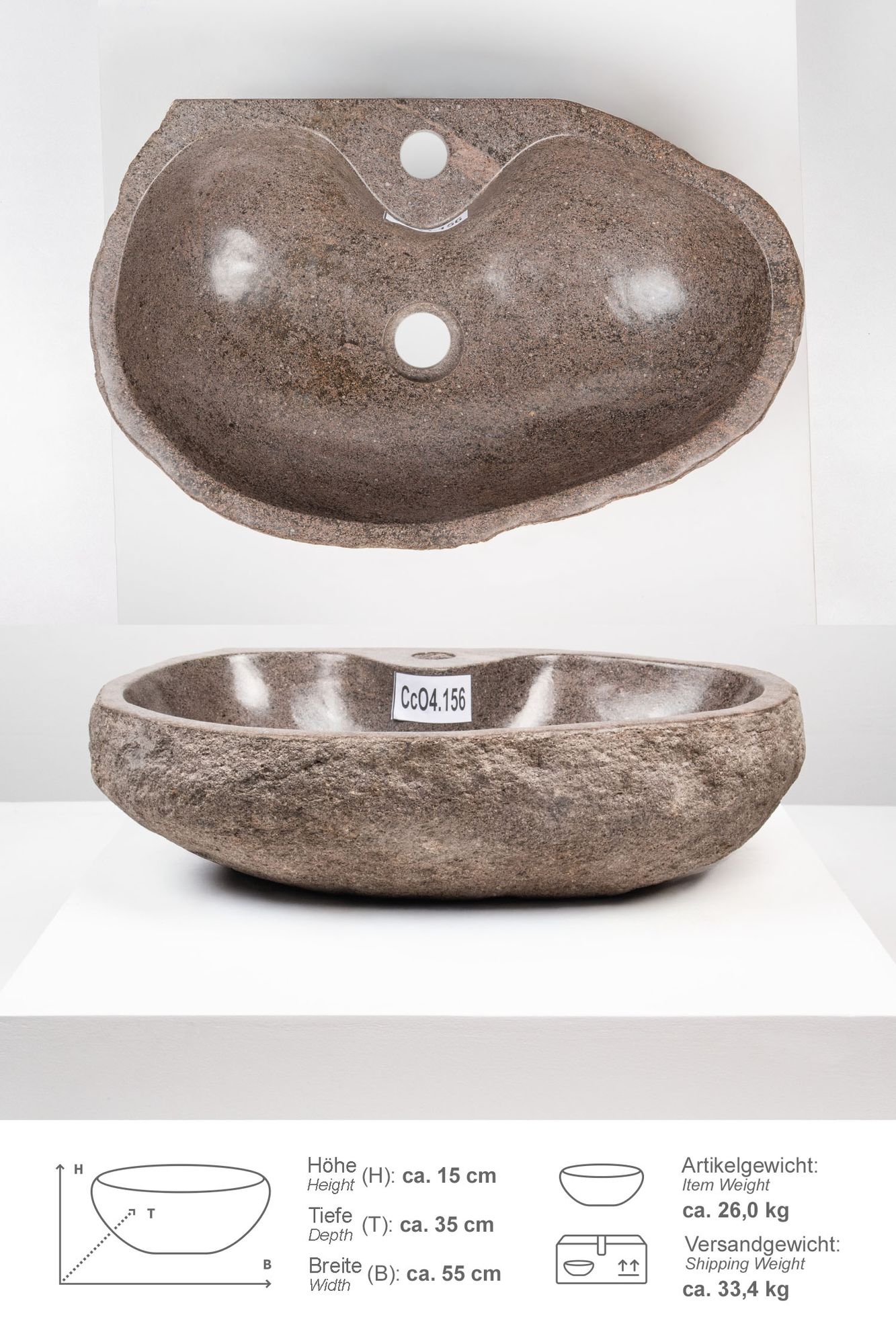 Naturstein Waschbecken 50 cm oval mit Hahnloch CcO4.156