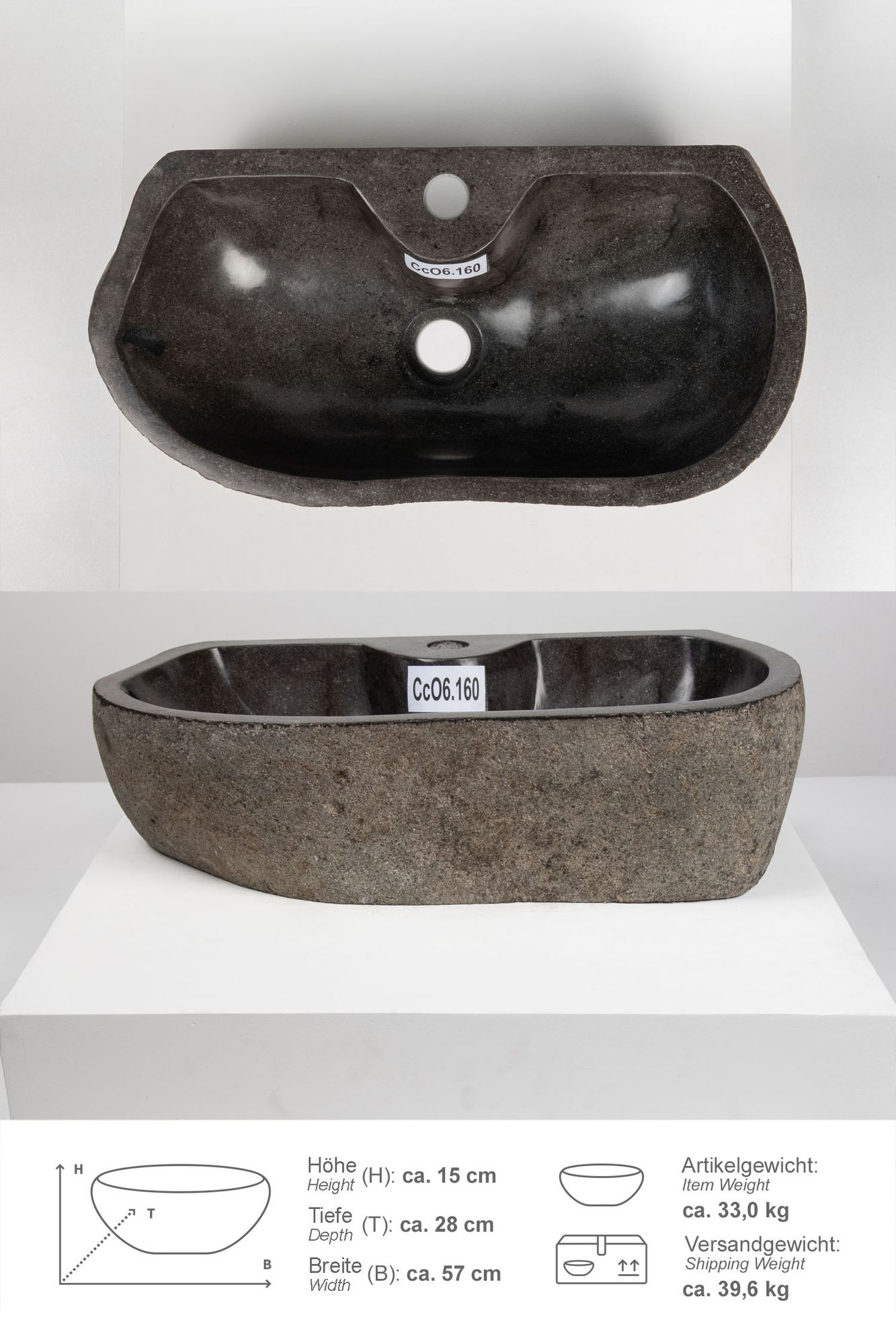 Naturstein Waschbecken 50 cm oval mit Hahnloch CcO6.160