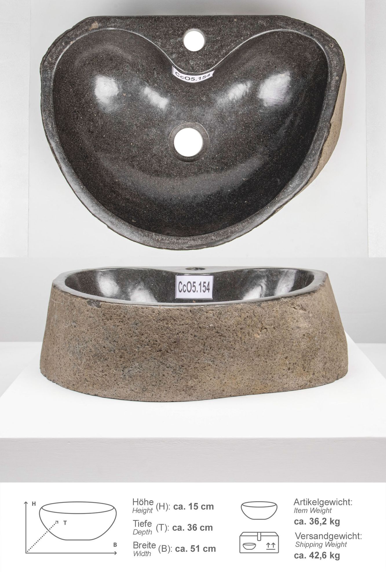 Naturstein Waschbecken 50 cm oval mit Hahnloch CcO5.154