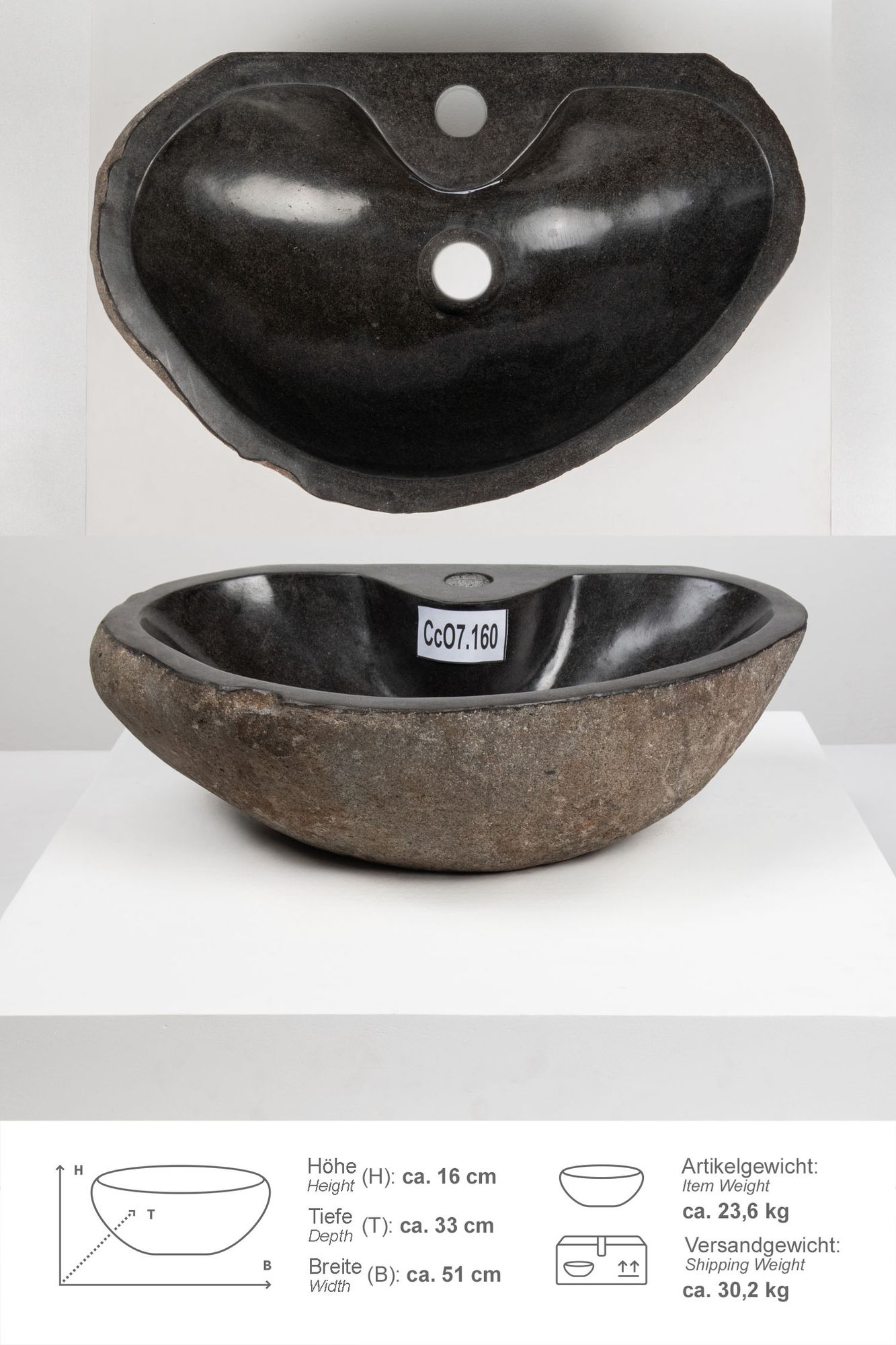 Naturstein Waschbecken 50 cm oval mit Hahnloch CcO7.160