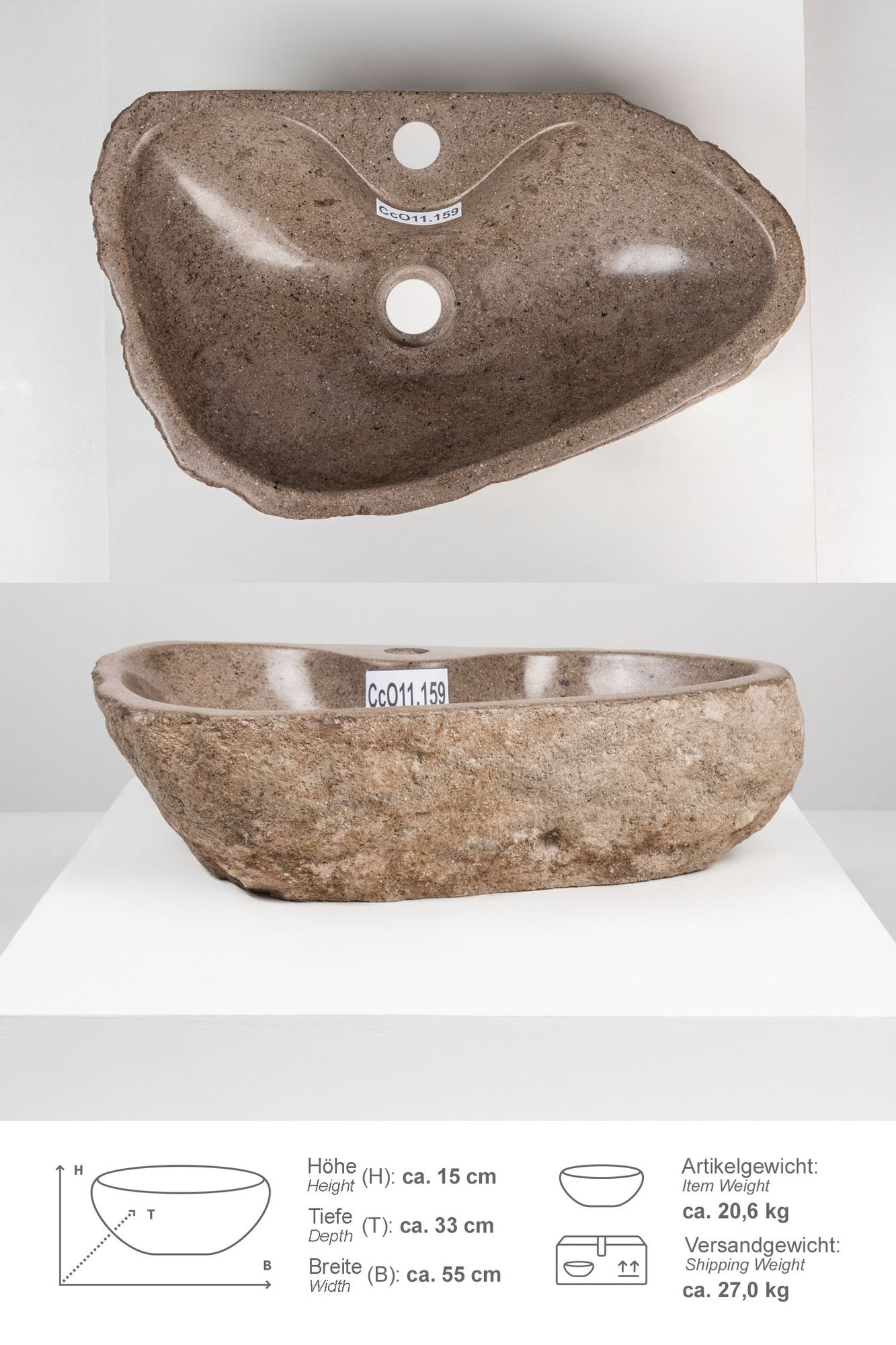 Naturstein Waschbecken 50 cm oval mit Hahnloch CcO11.159
