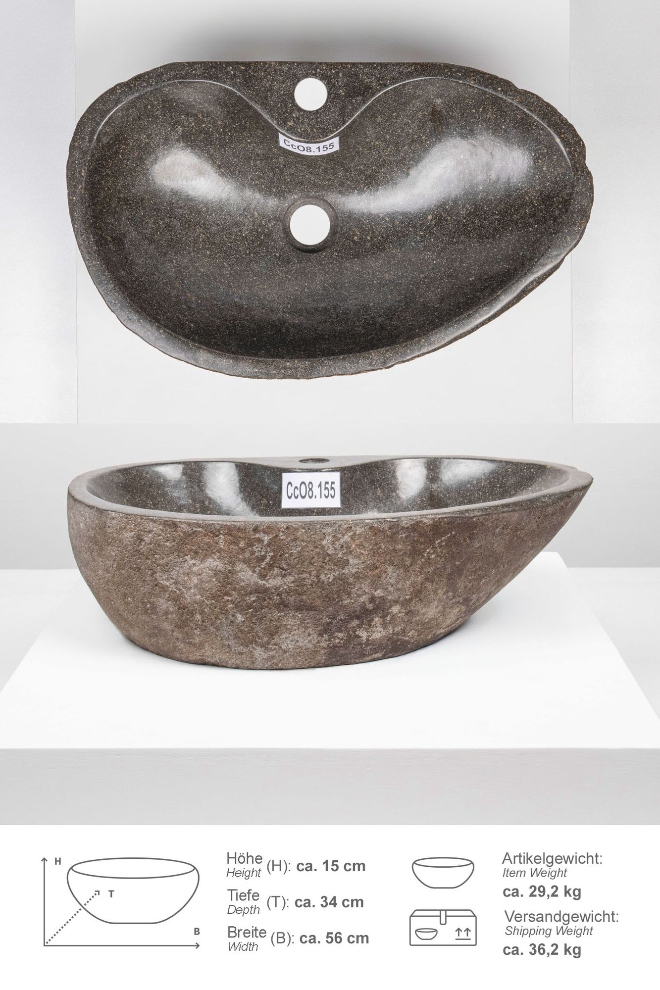 Naturstein Waschbecken 50 cm oval mit Hahnloch CcO8.155