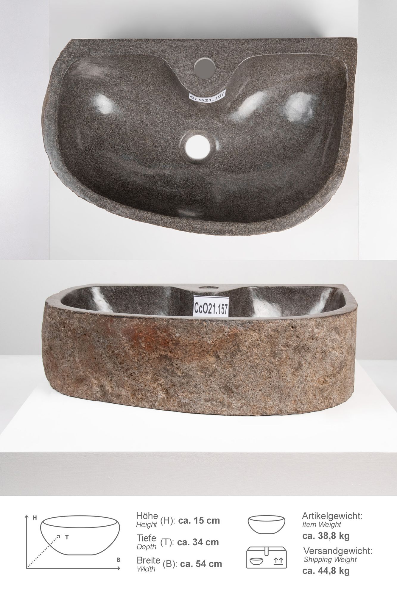 Naturstein Waschbecken 50 cm oval mit Hahnloch CcO21.157