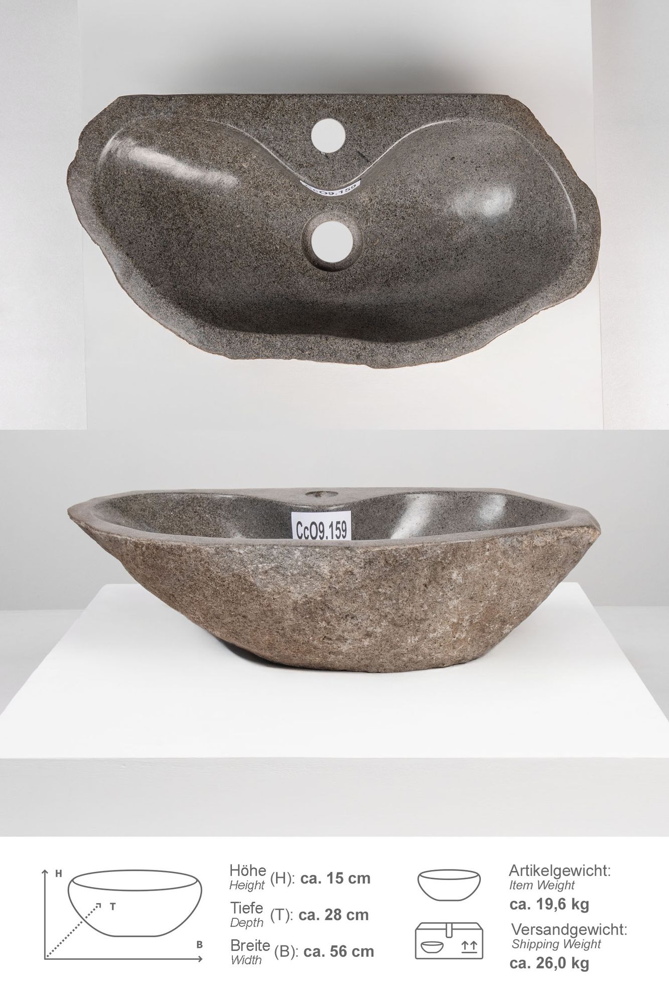 Naturstein Waschbecken 50 cm oval mit Hahnloch CcO9.159