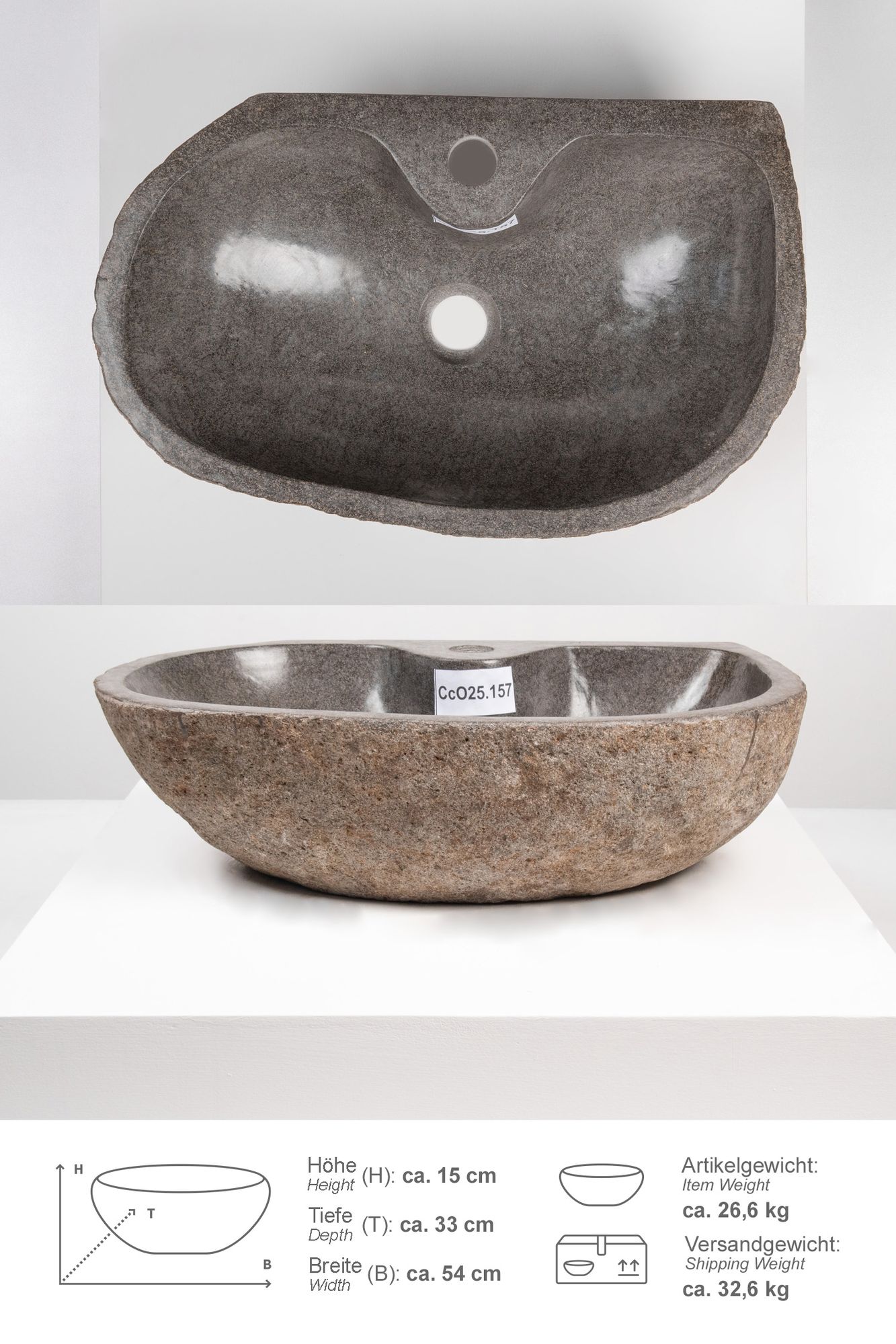 Naturstein Waschbecken 50 cm oval mit Hahnloch CcO25.157