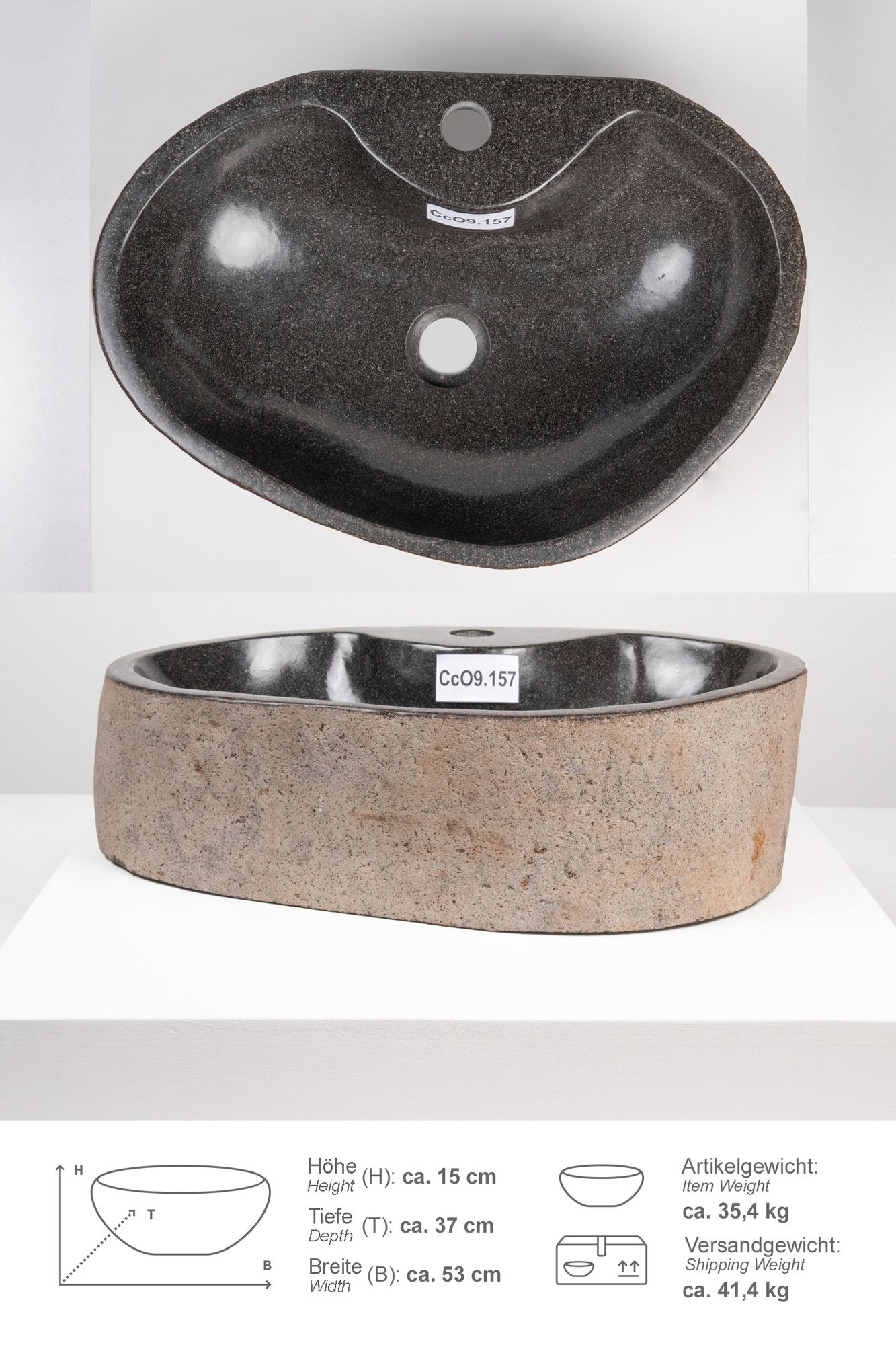 Naturstein Waschbecken 50 cm oval mit Hahnloch CcO9.157