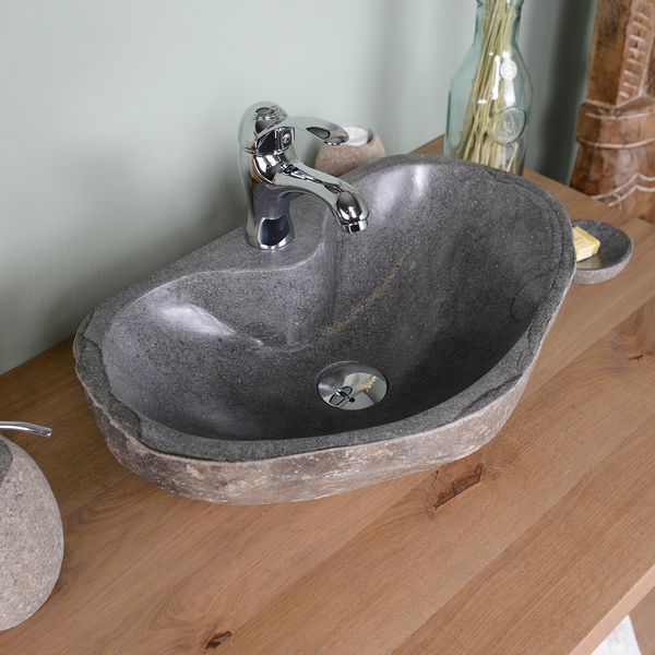 Naturstein Waschbecken 50 cm oval mit Hahnloch