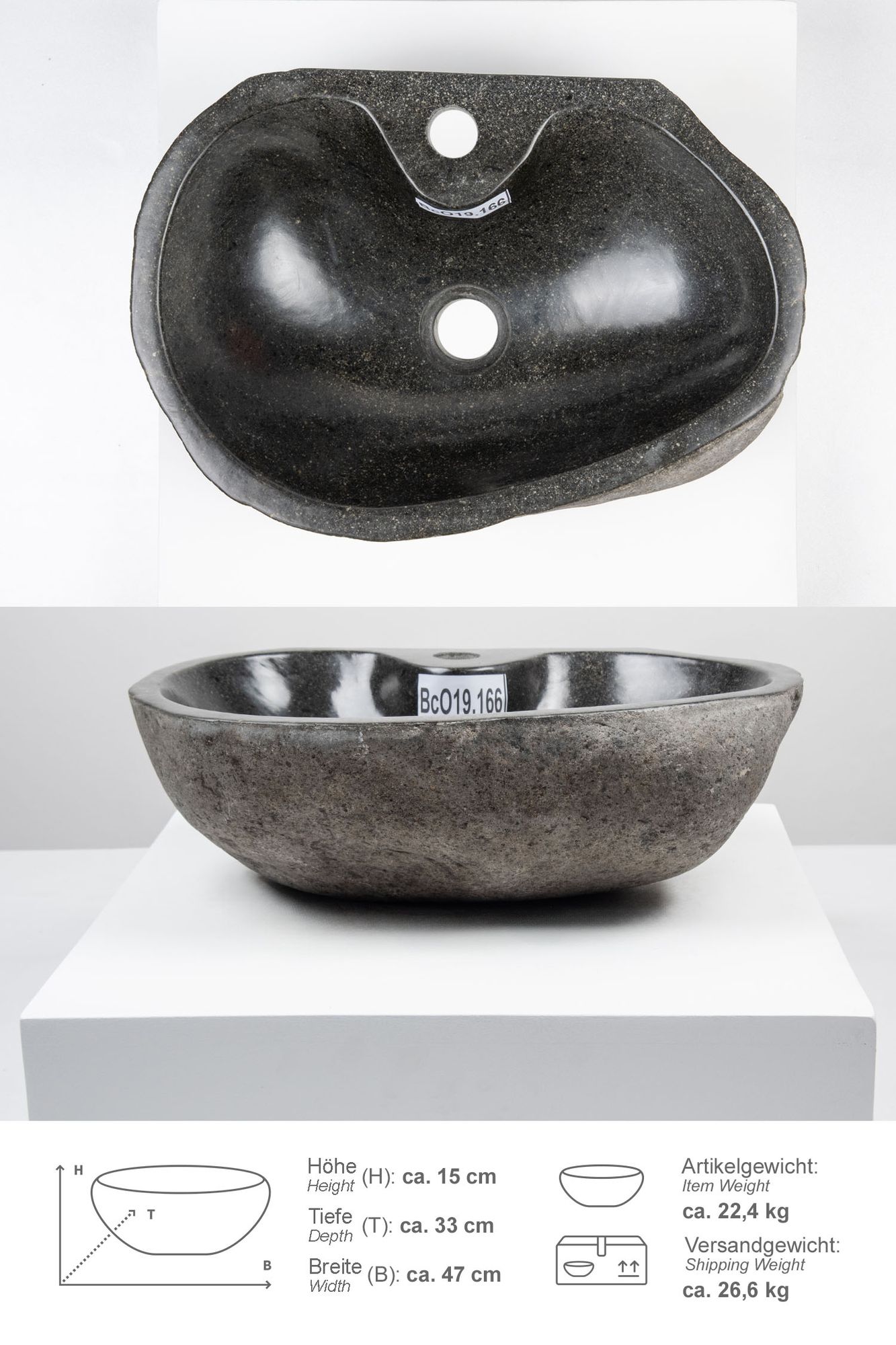 Naturstein Waschbecken 40 cm oval mit Hahnloch BcO19.166