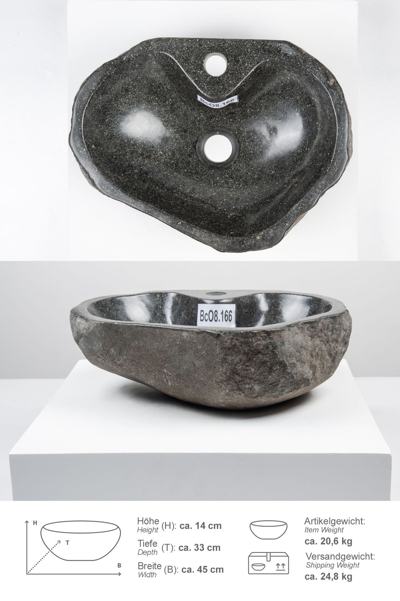 Naturstein Waschbecken 40 cm oval mit Hahnloch BcO8.166