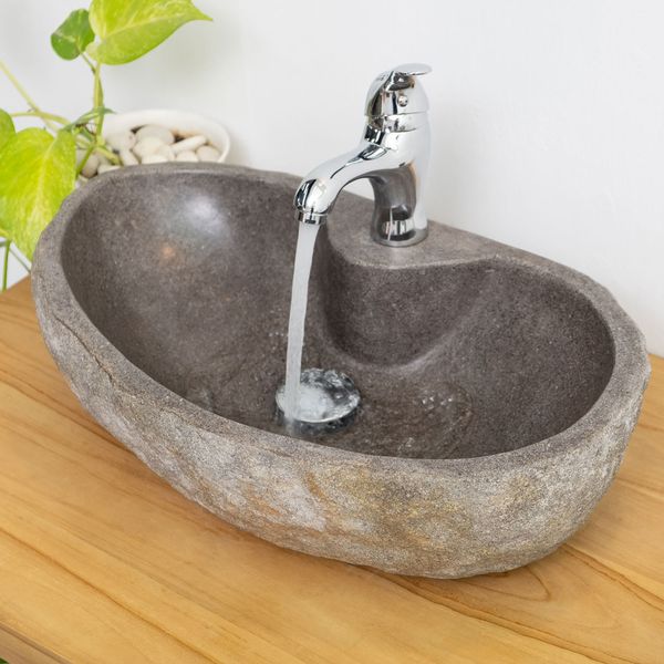 40 cm Naturstein-Waschbecken oval aus Flussstein kaufen