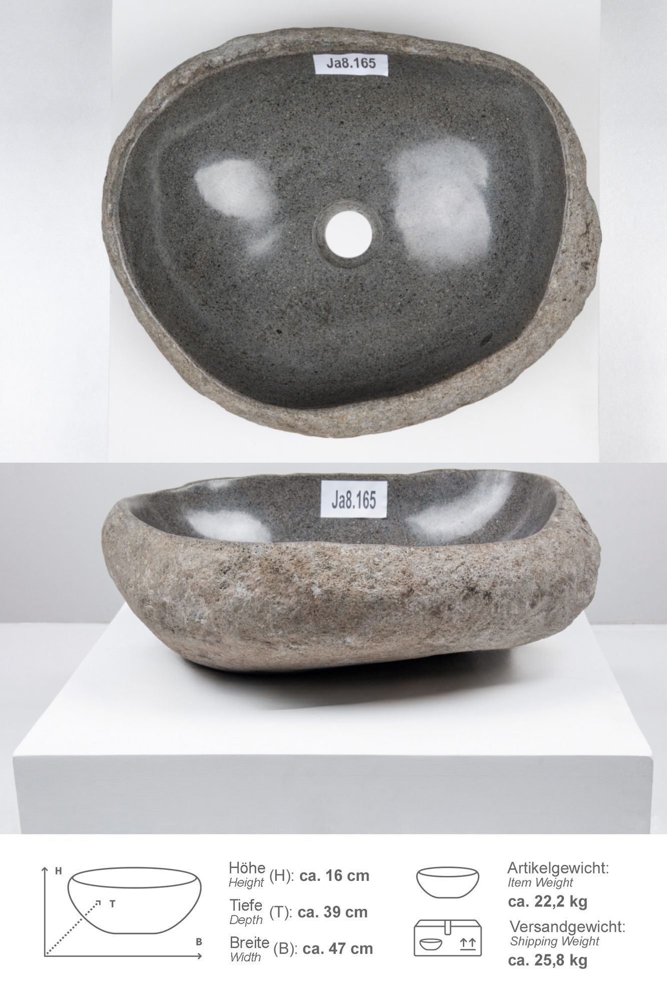 Naturstein Waschbecken 40 cm mit Naturkante Ja8.165