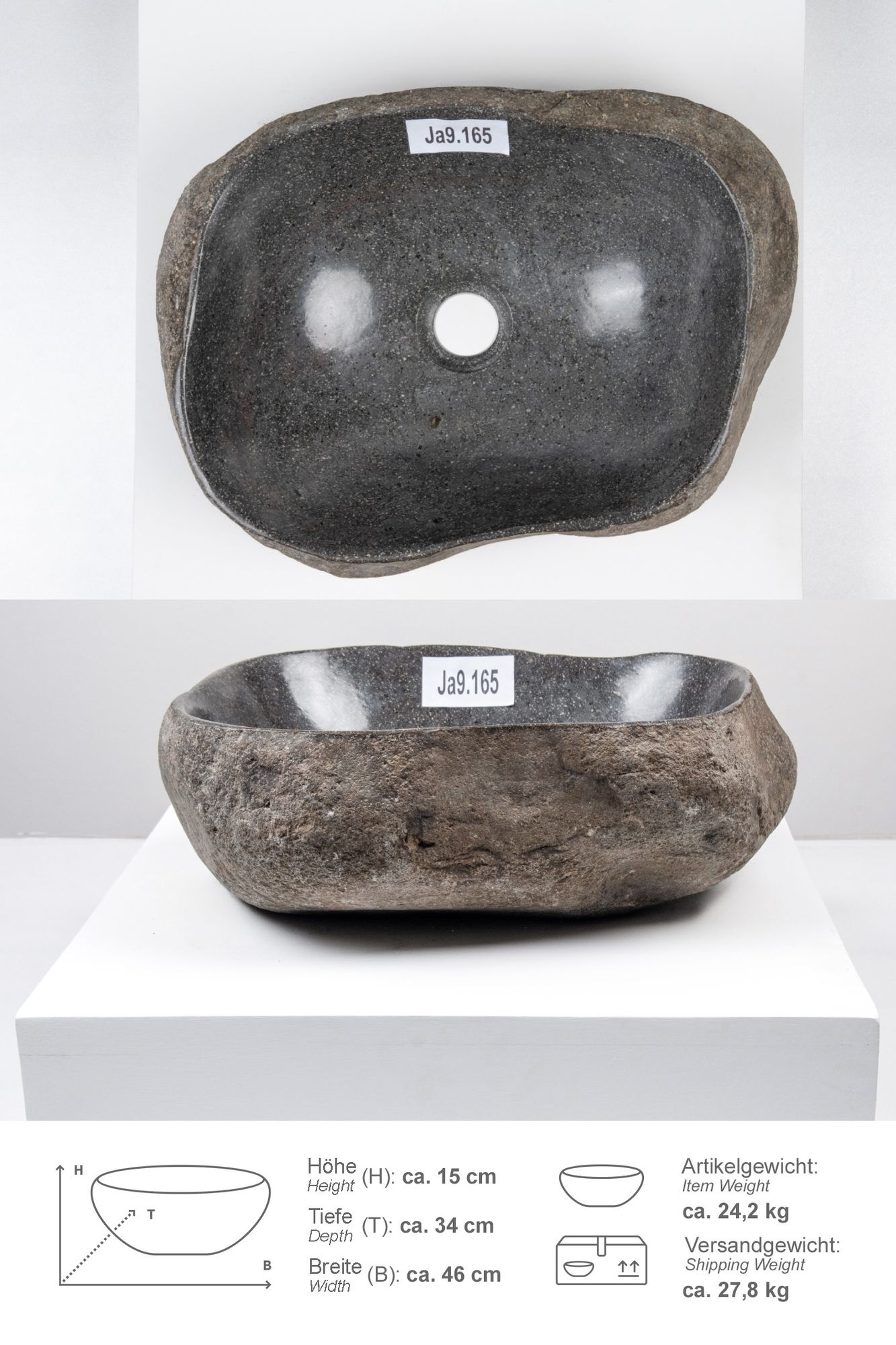Naturstein Waschbecken 40 cm mit Naturkante Ja9.165