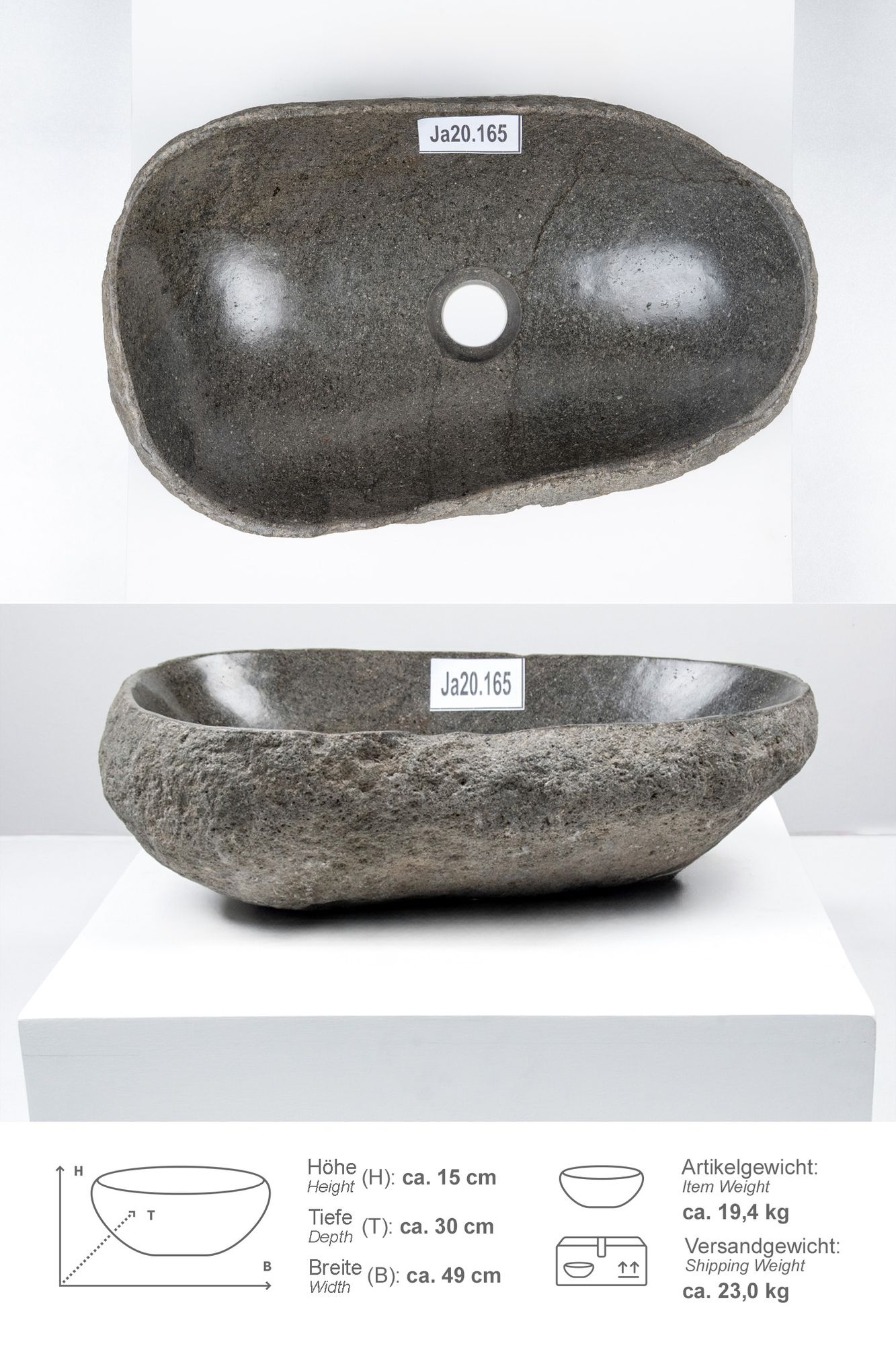 Naturstein Waschbecken 40 cm mit Naturkante Ja20.165