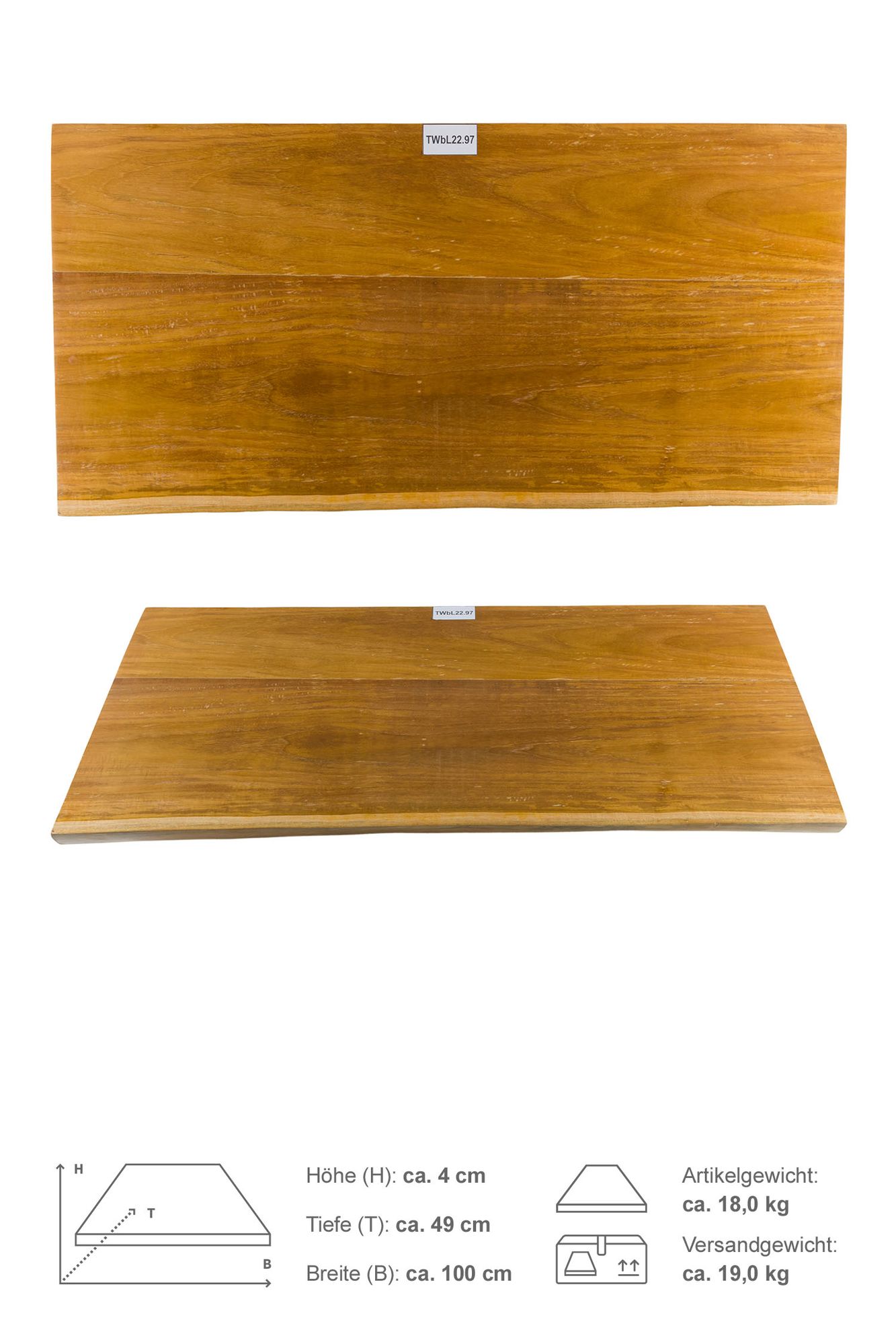 Teak Holz Waschtischplatte ca. 100 cm braun lasiert eckig TWbL22.97