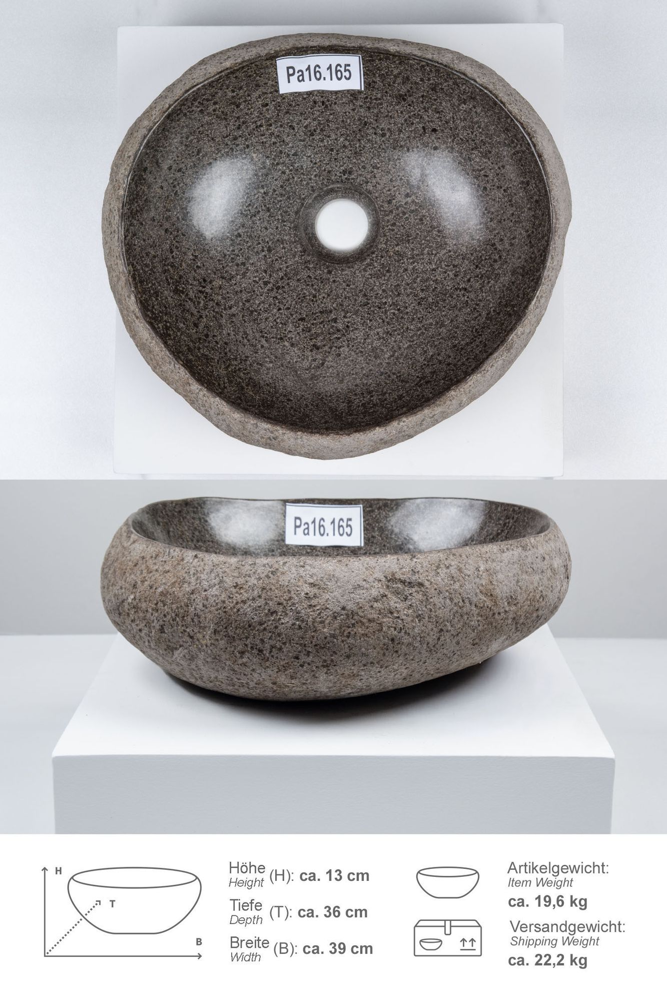 Naturstein Waschbecken mit Naturkante 30 - 39 cm Pa16.165