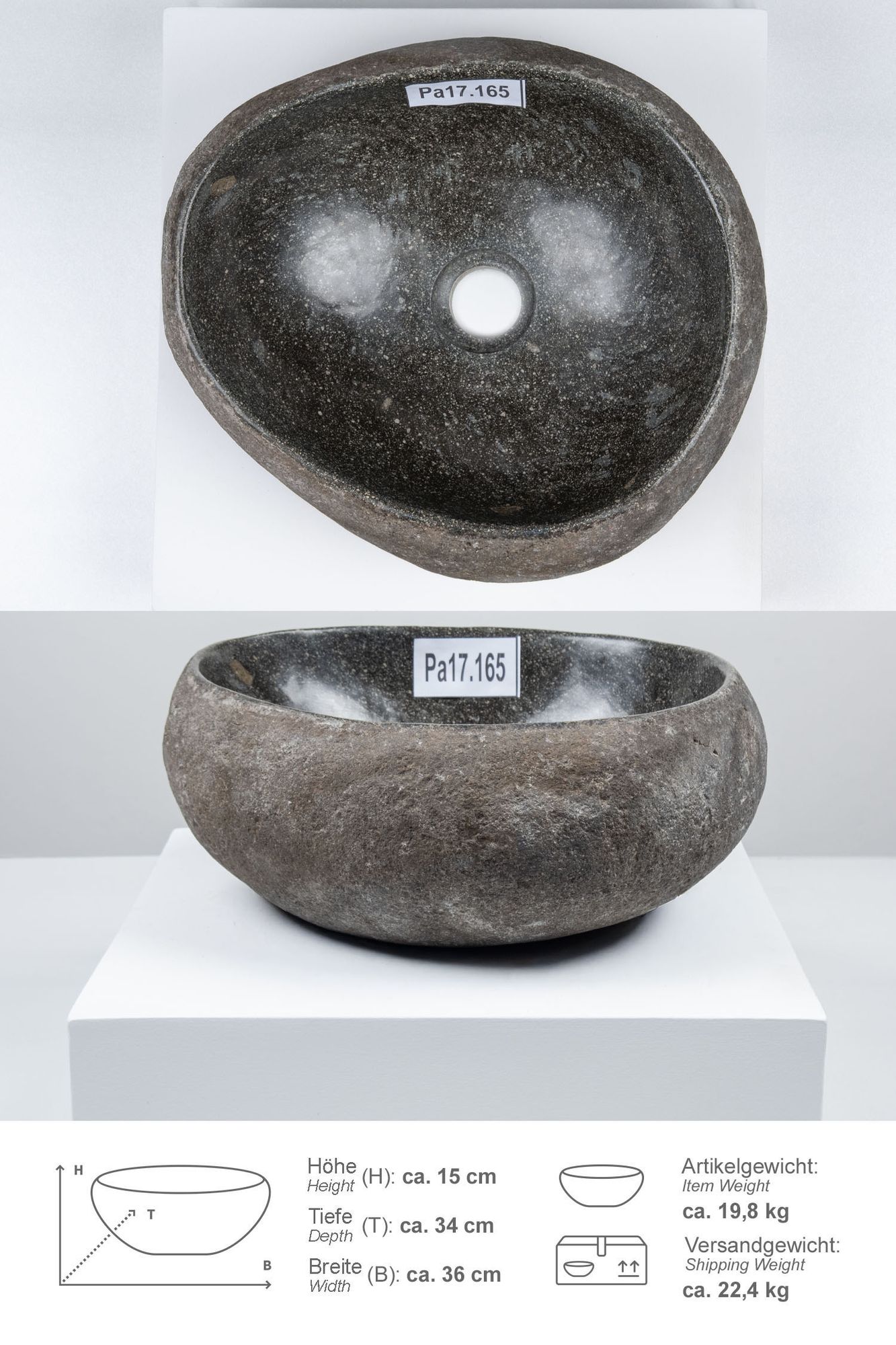 Naturstein Waschbecken mit Naturkante 30 - 39 cm Pa17.165