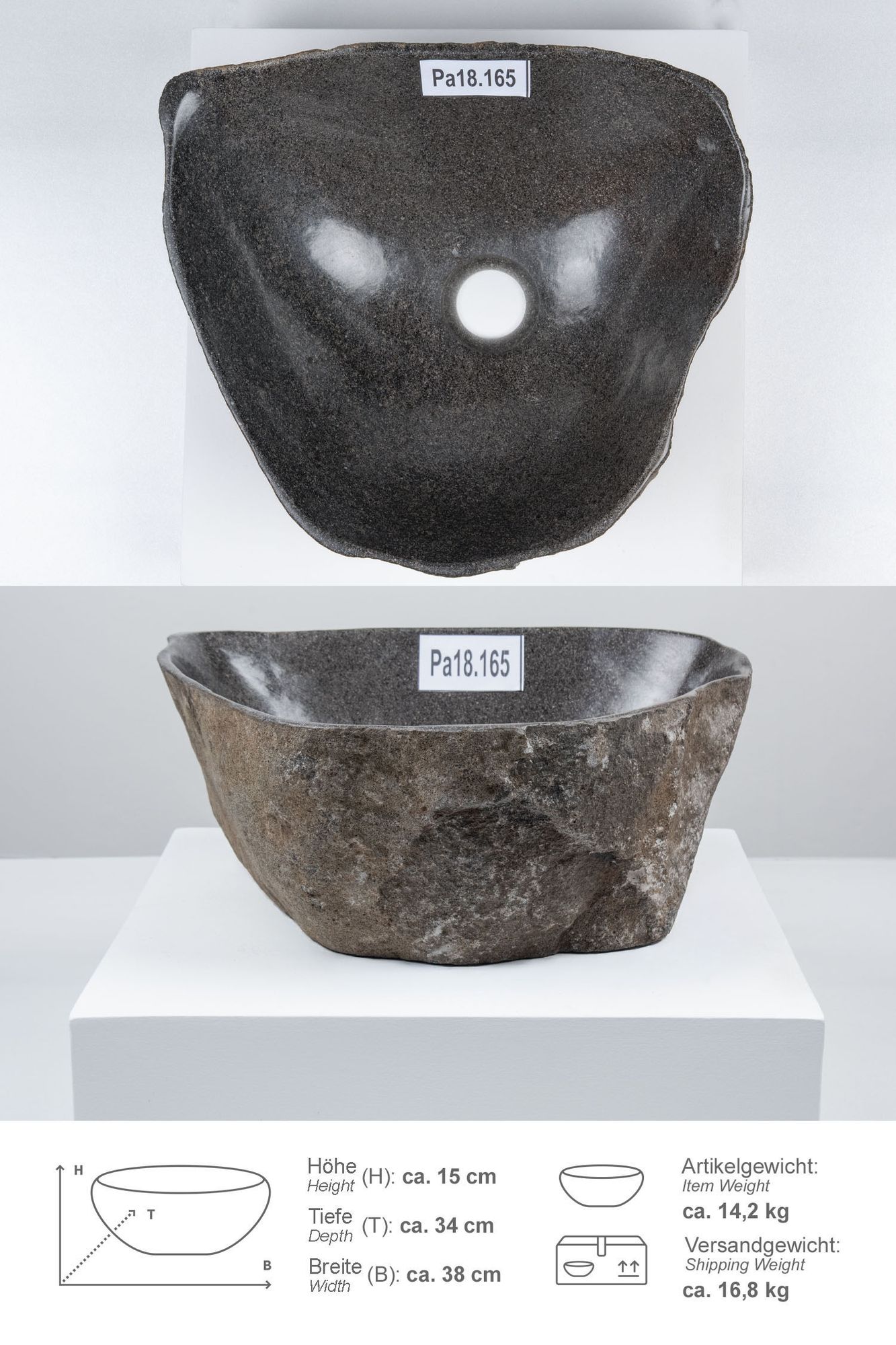 Naturstein Waschbecken mit Naturkante 30 - 39 cm Pa18.165