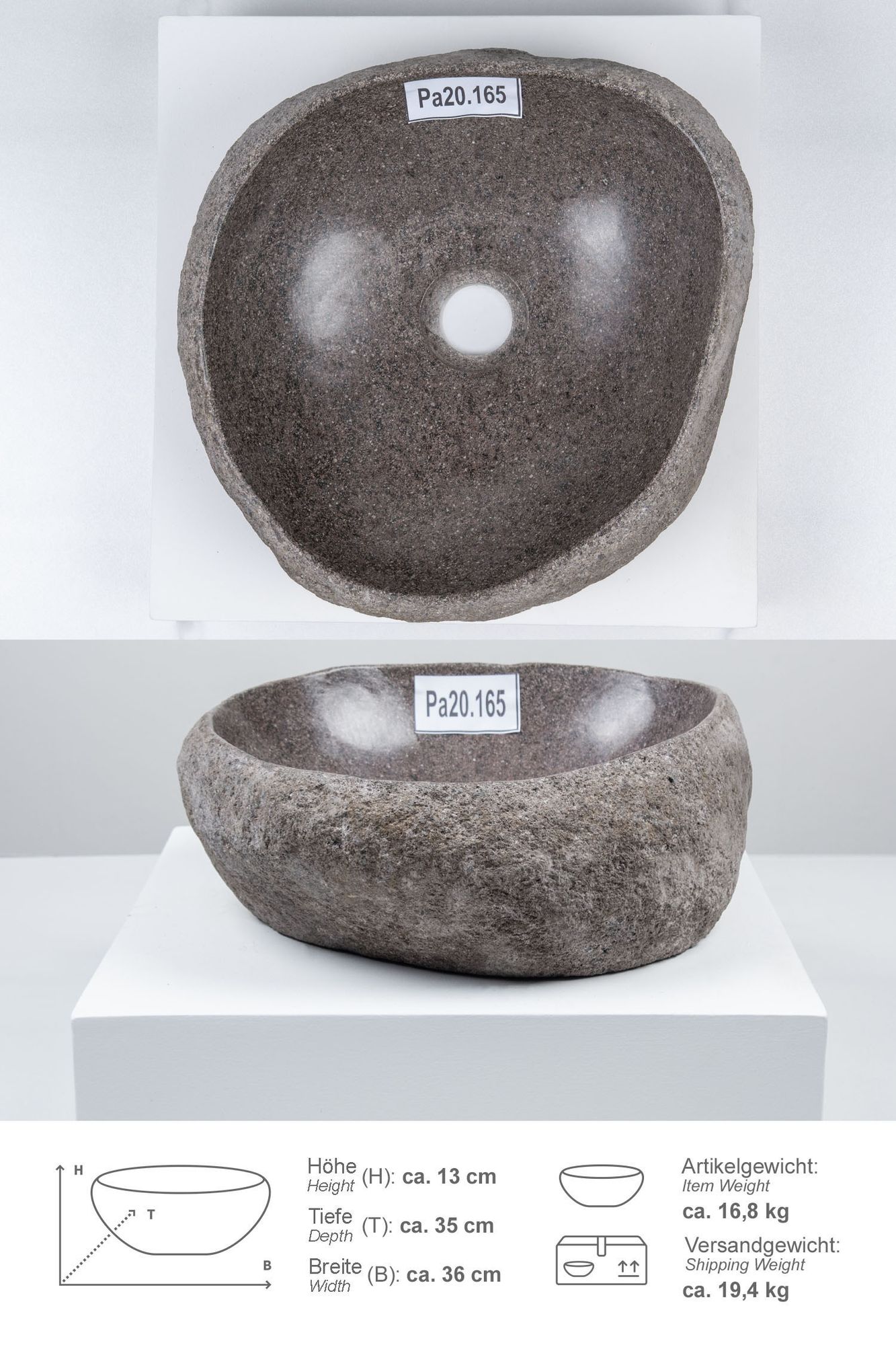 Naturstein Waschbecken mit Naturkante 30 - 39 cm Pa20.165