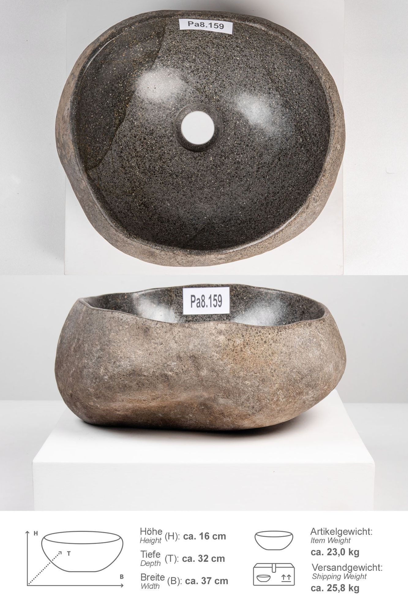 Naturstein Waschbecken mit Naturkante 30 - 39 cm Pa8.159
