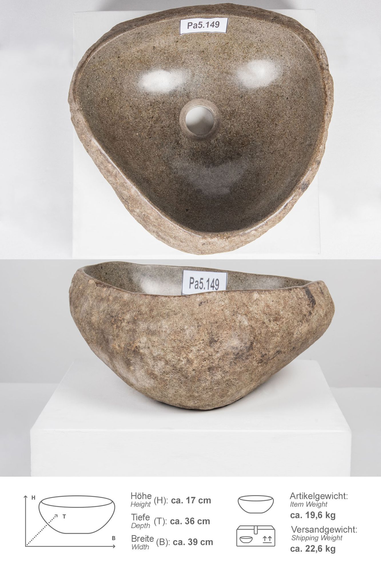 Naturstein Waschbecken mit Naturkante 30 - 39 cm Pa5.149