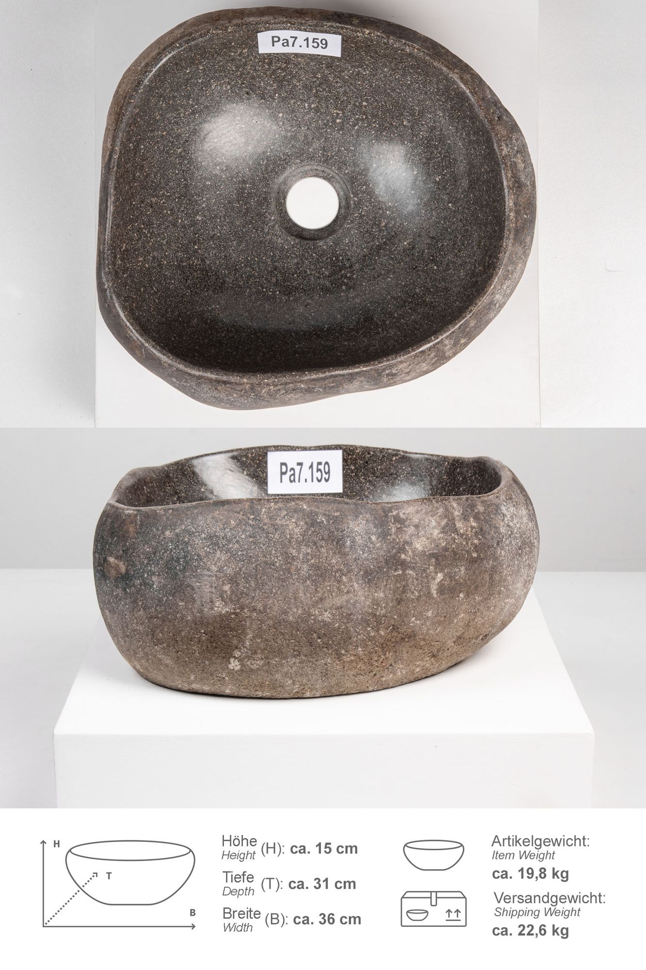 Naturstein Waschbecken mit Naturkante 30 - 39 cm Pa7.159