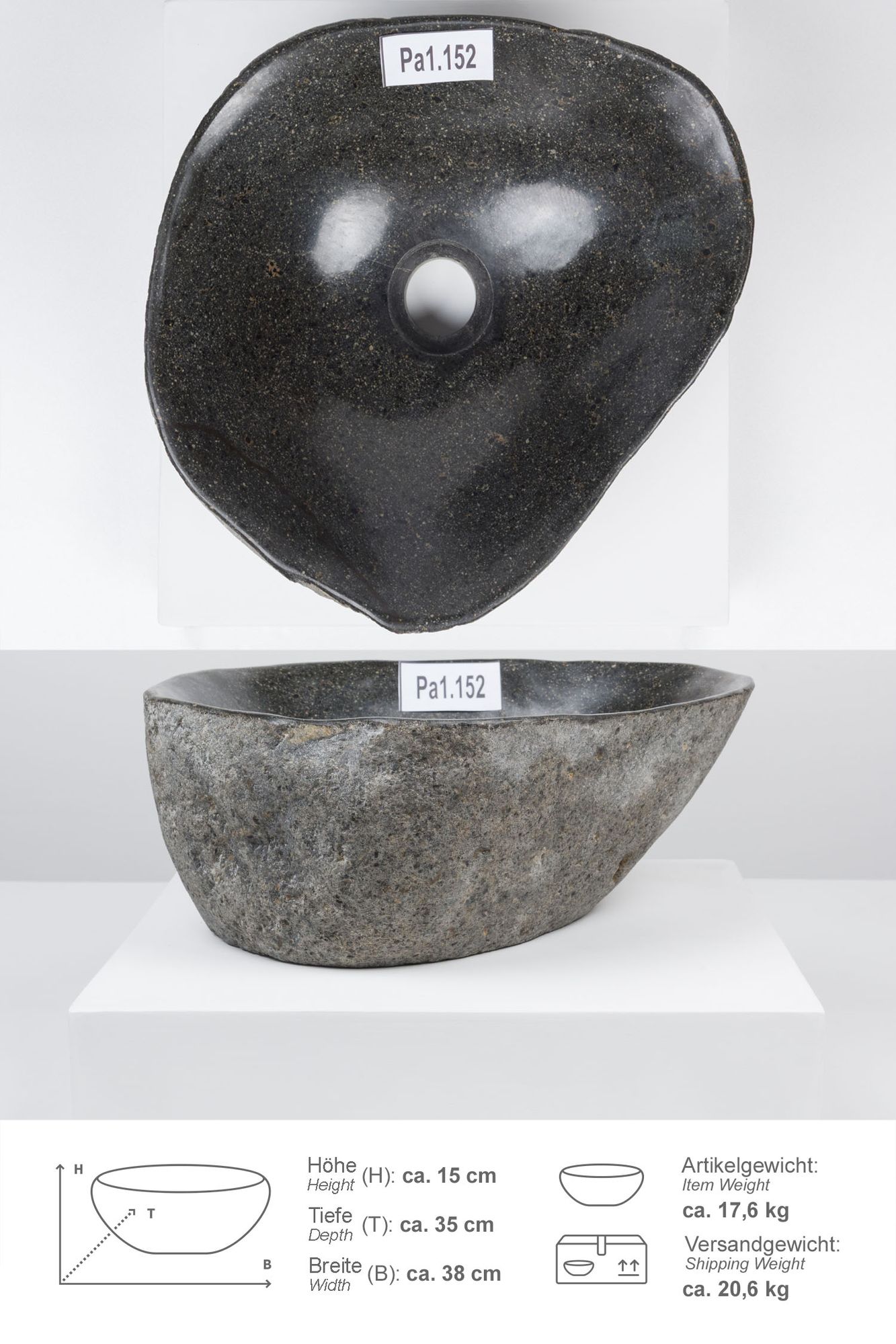 Naturstein Waschbecken mit Naturkante 30 - 39 cm Pa1.152