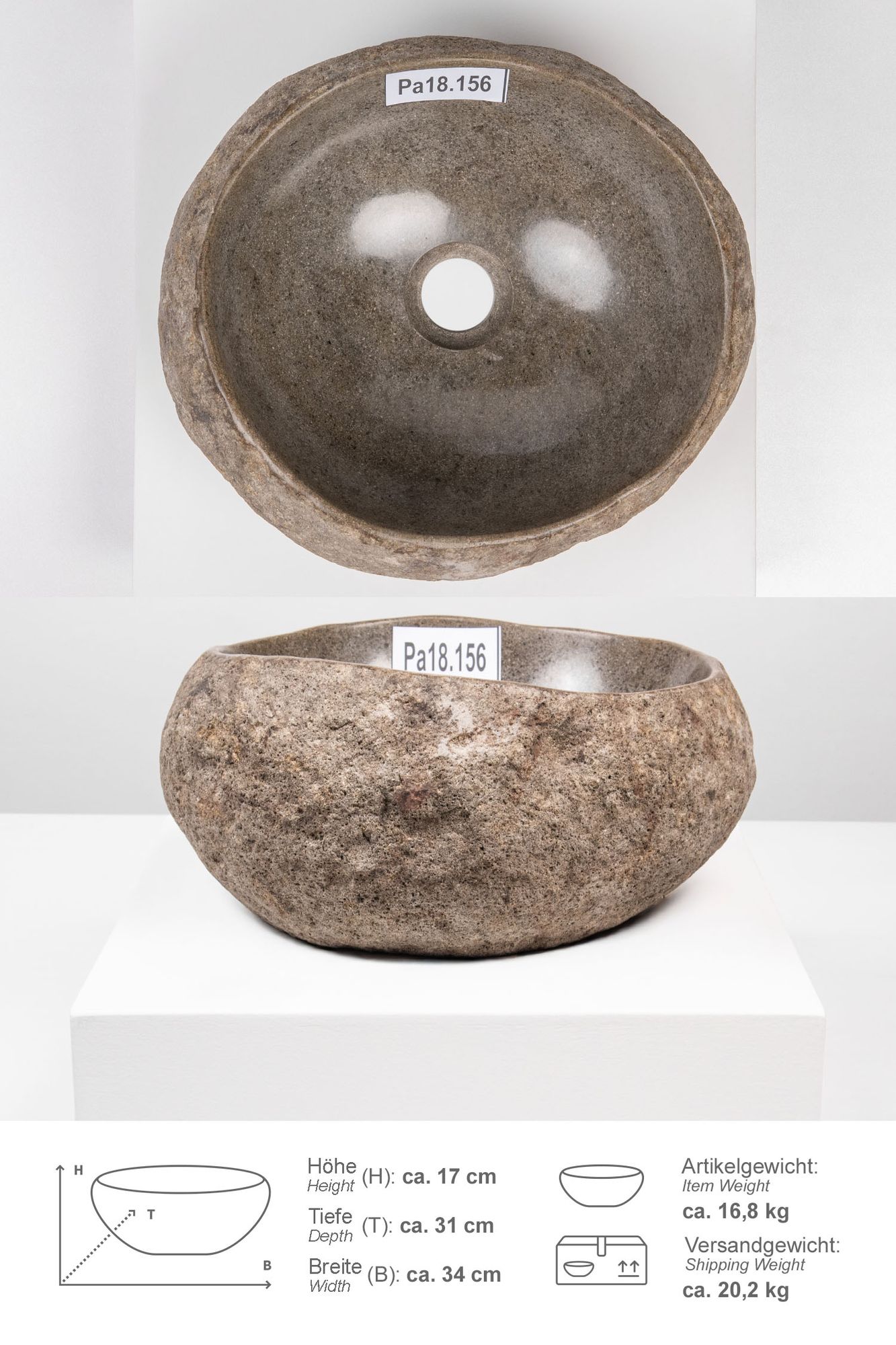 Naturstein Waschbecken mit Naturkante 30 - 39 cm Pa18.156