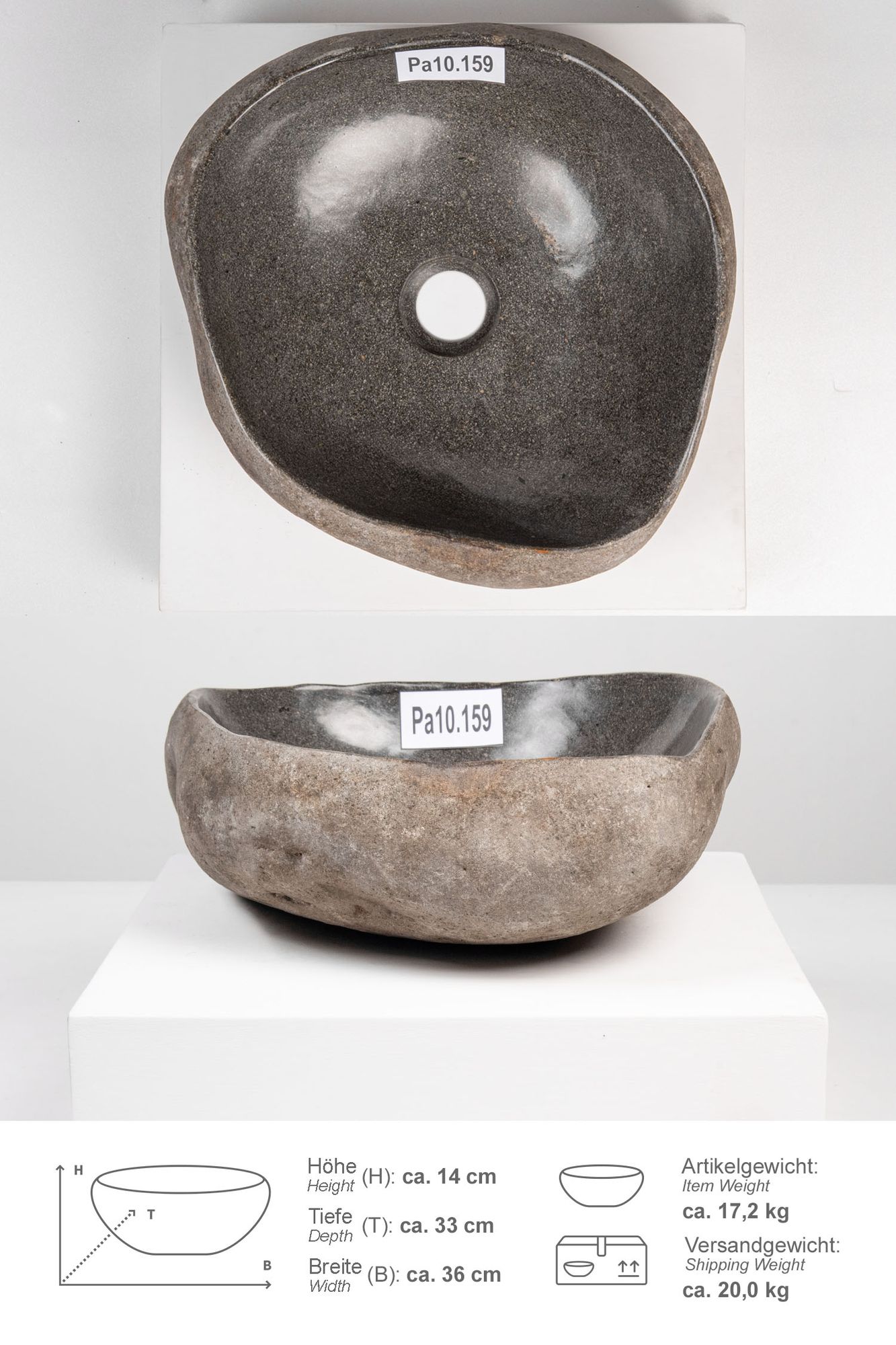 Naturstein Waschbecken mit Naturkante 30 - 39 cm Pa10.159
