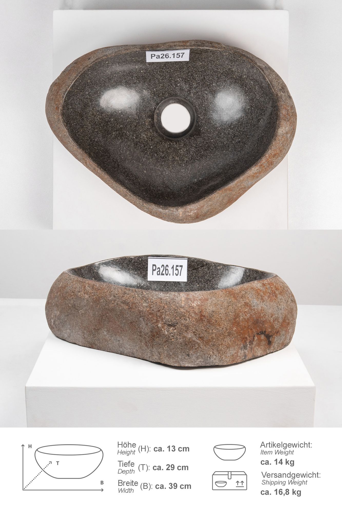 Naturstein Waschbecken mit Naturkante 30 - 39 cm Pa26.157