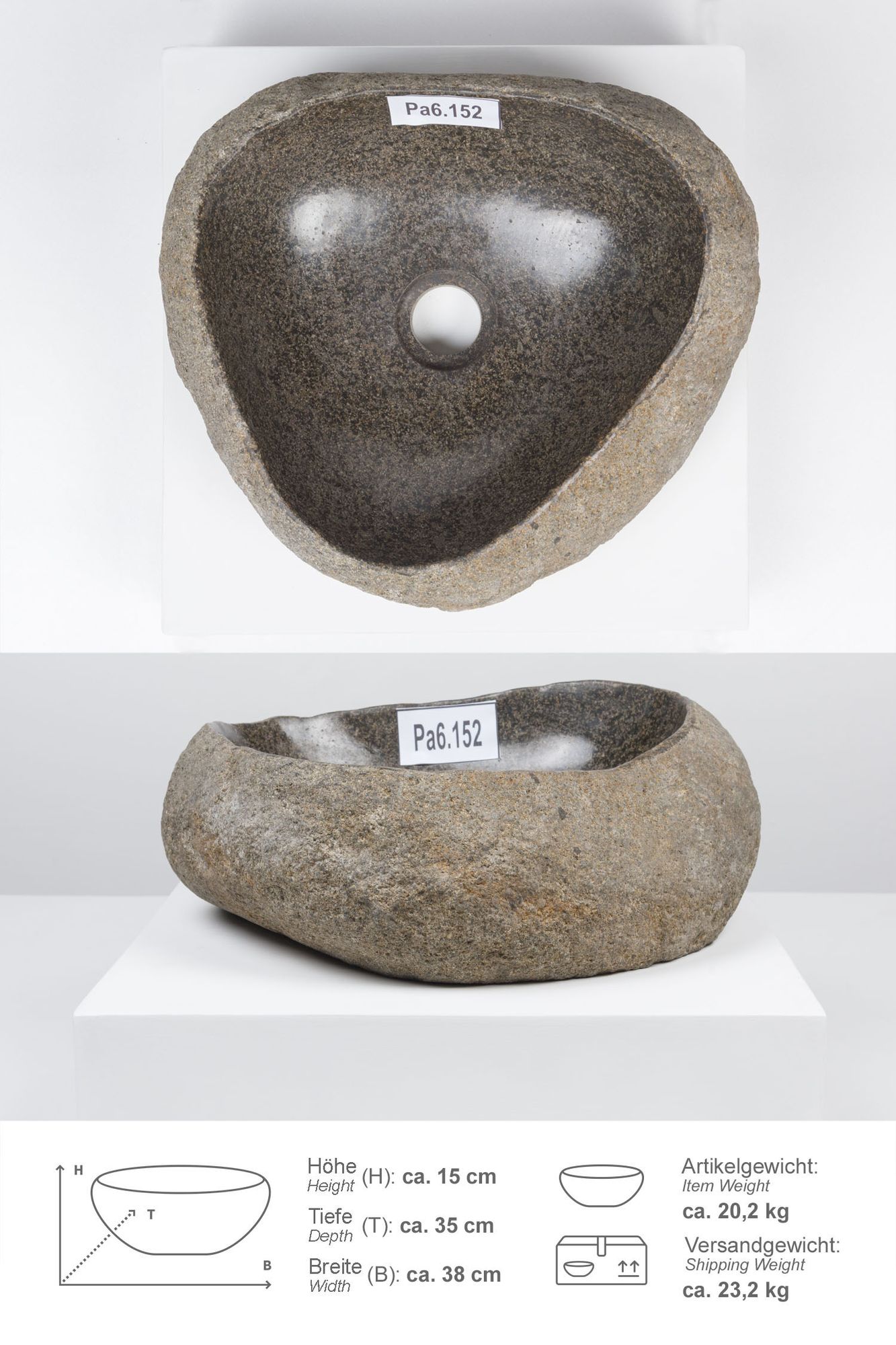 Naturstein Waschbecken mit Naturkante 30 - 39 cm Pa6.152