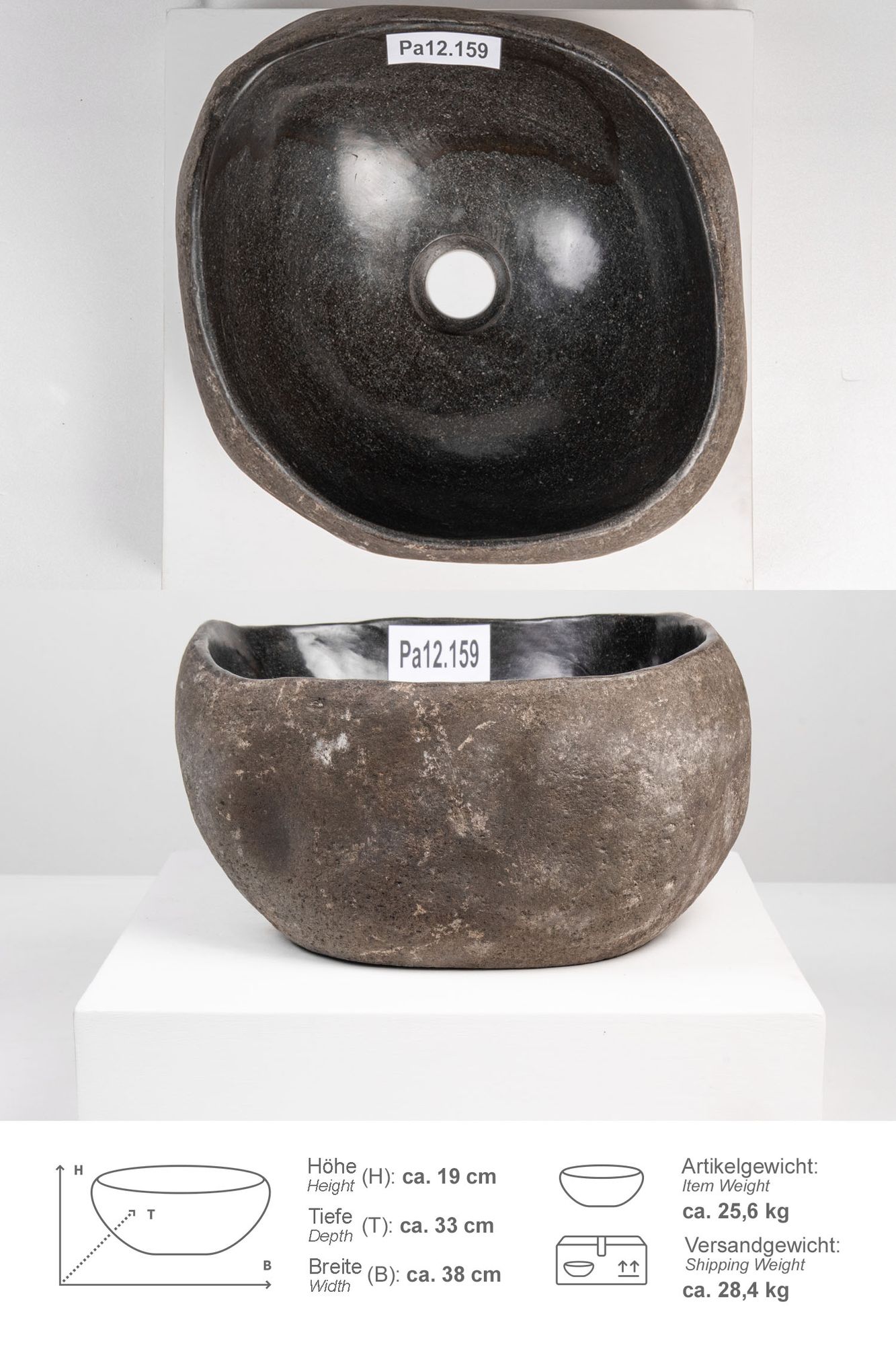 Naturstein Waschbecken mit Naturkante 30 - 39 cm Pa12.159
