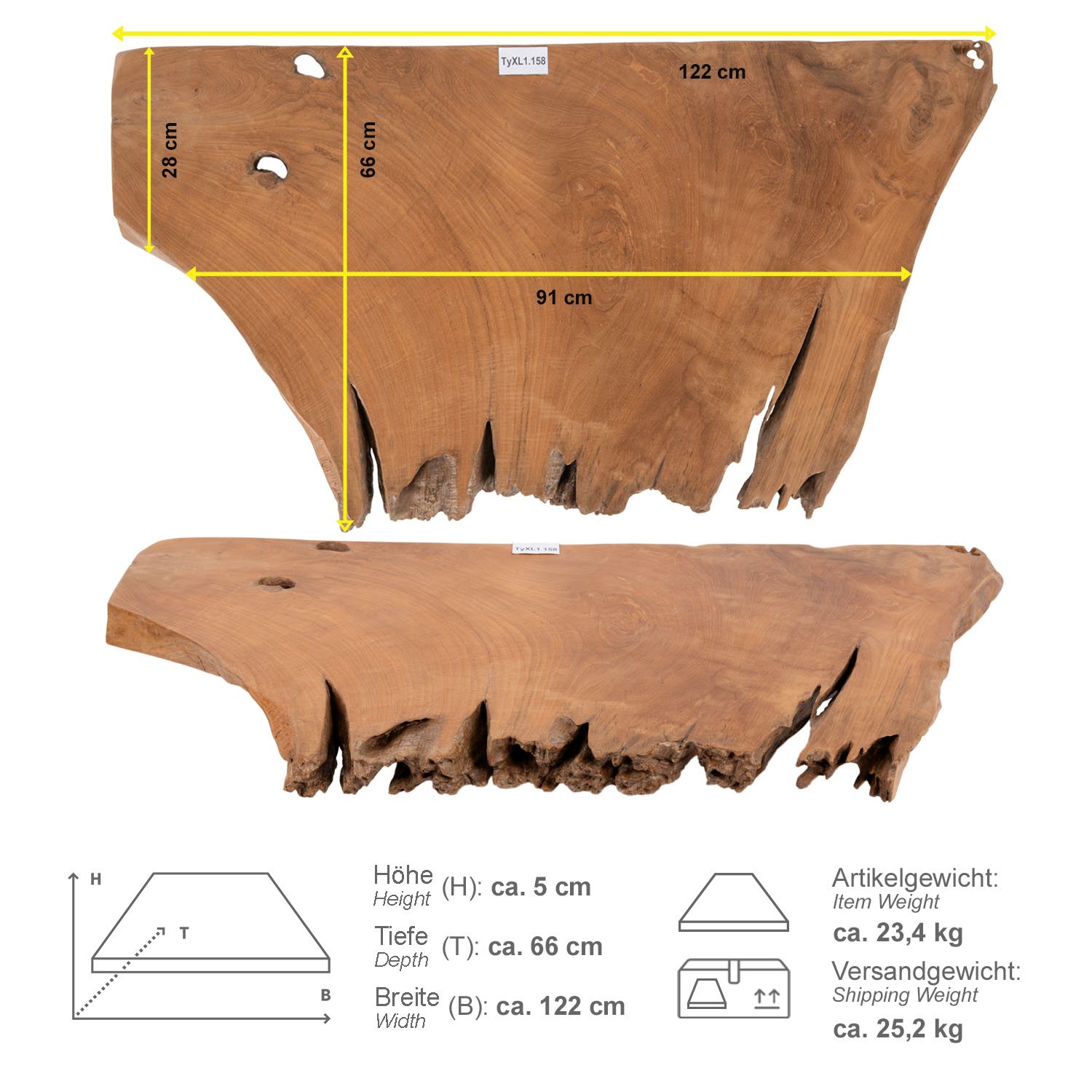 Teak Holz Waschtischplatte LYLAC Gr. XL ab 120 cm braun lasiert TyXL1.158