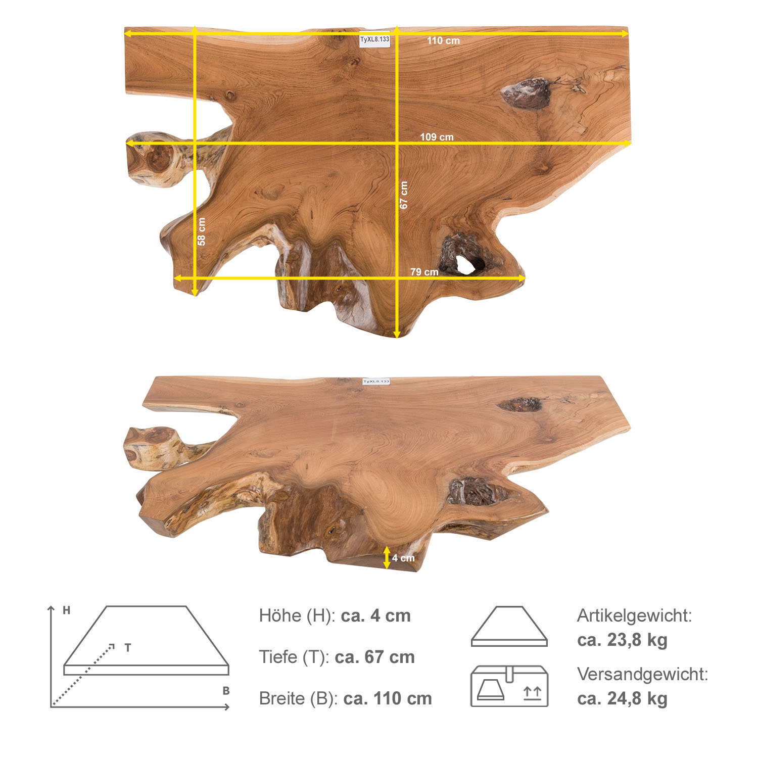 Teak Holz Waschtischplatte LYLAC Gr. XL ab 120 cm braun lasiert TyXL8.133