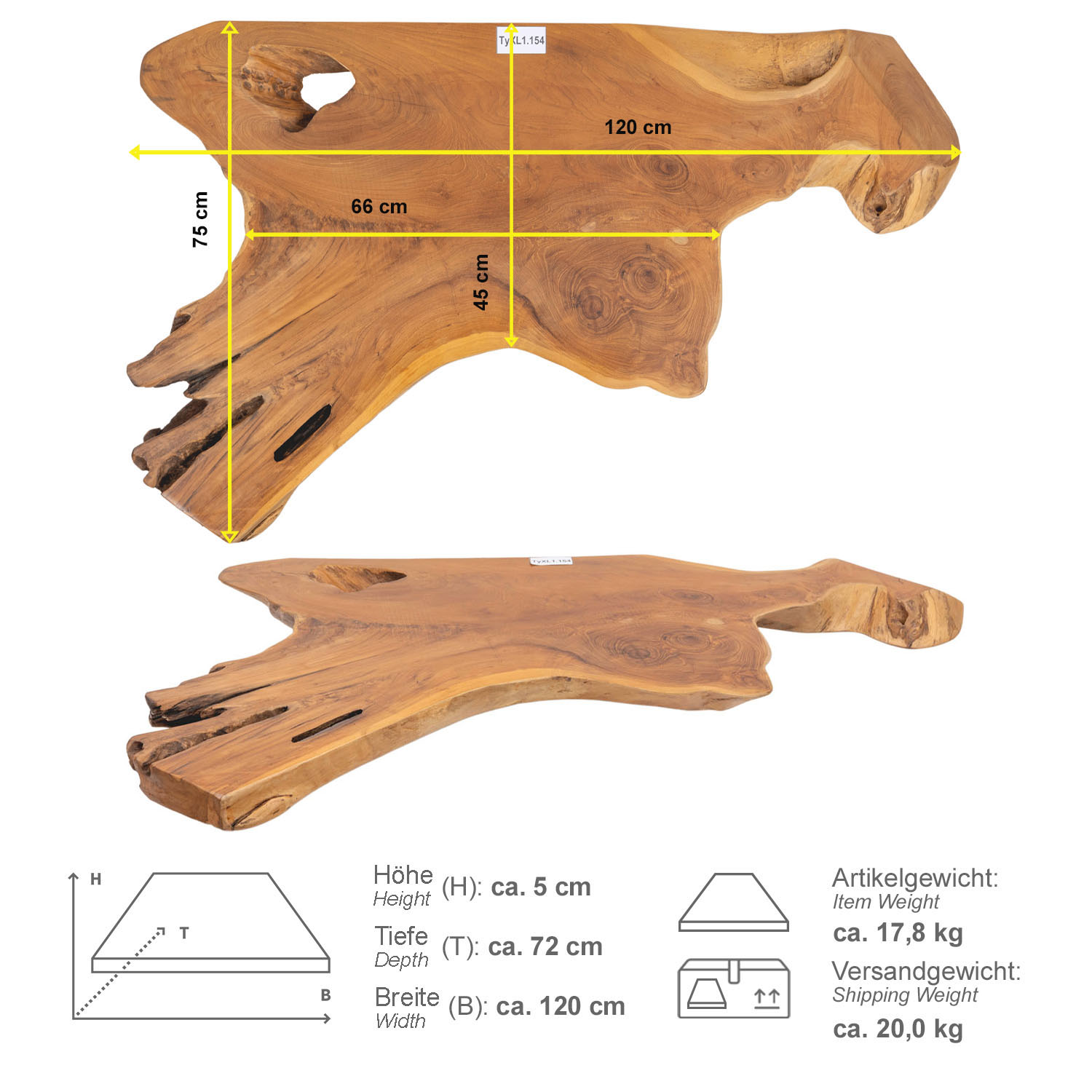 Teak Holz Waschtischplatte LYLAC Gr. XL ab 120 cm braun lasiert TyXL1.154