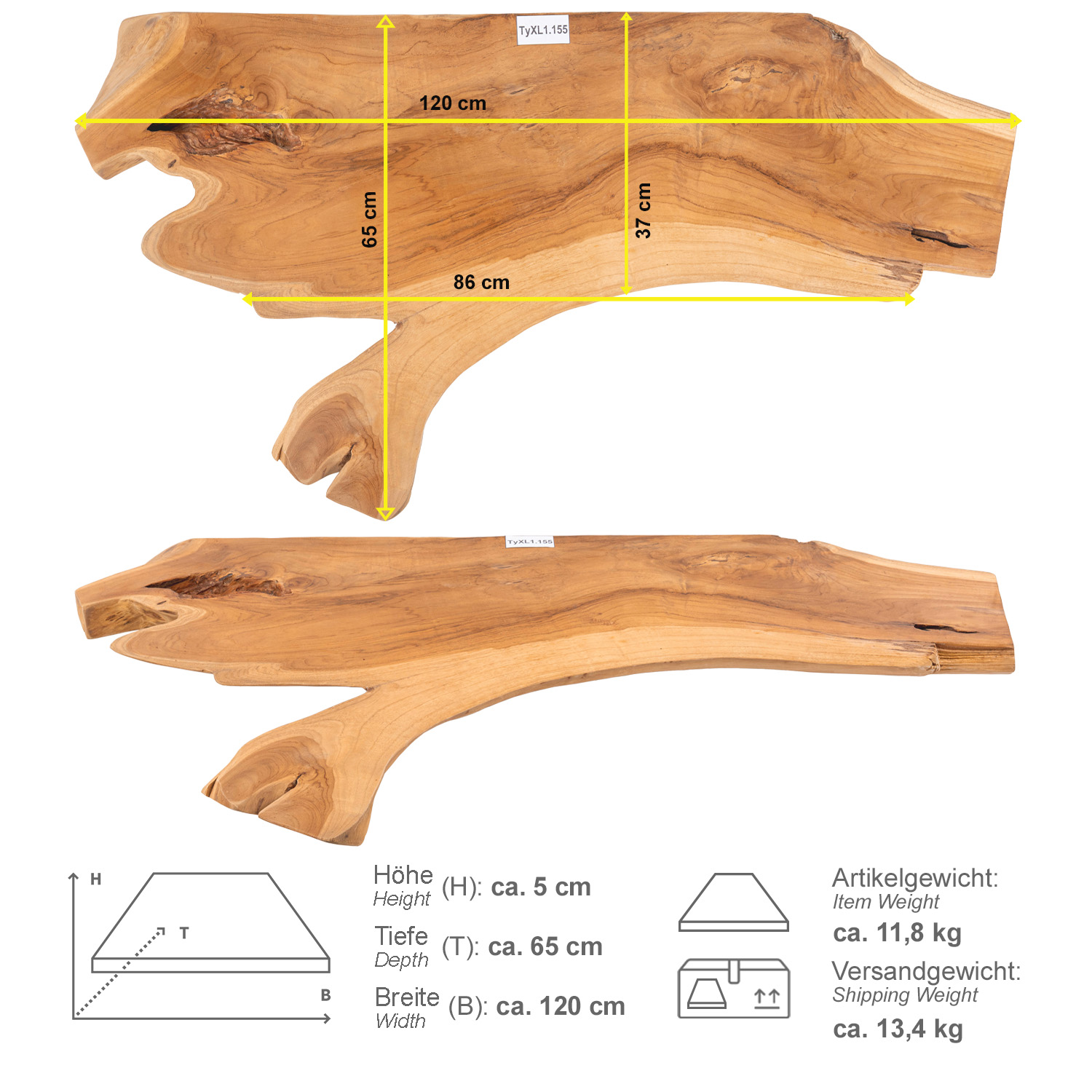 Teak Holz Waschtischplatte LYLAC Gr. XL ab 120 cm braun lasiert TyXL1.155