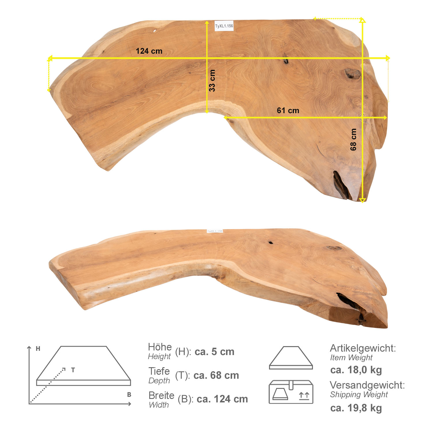 Teak Holz Waschtischplatte LYLAC Gr. XL ab 120 cm braun lasiert TyXL1.156