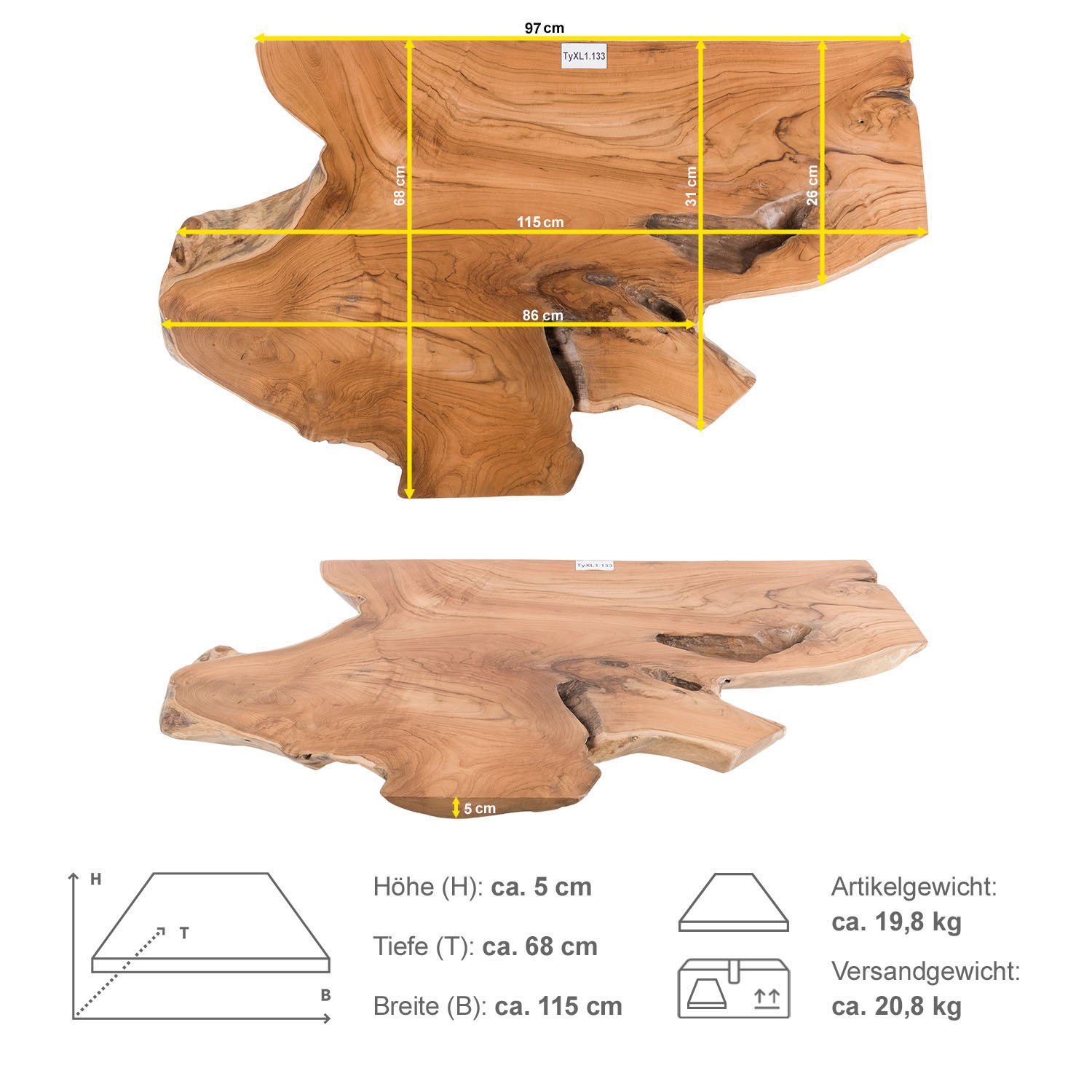 Teak Holz Waschtischplatte LYLAC Gr. XL ab 120 cm braun lasiert TyXL1.133
