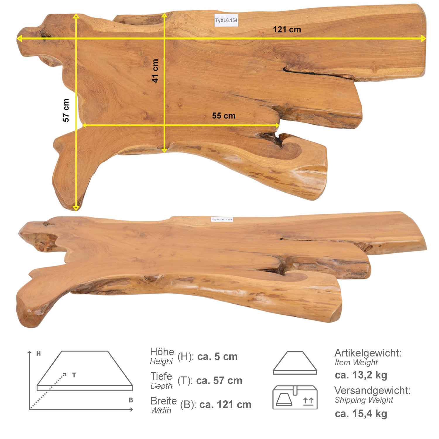 Teak Holz Waschtischplatte LYLAC Gr. XL ab 120 cm braun lasiert TyXL6.154