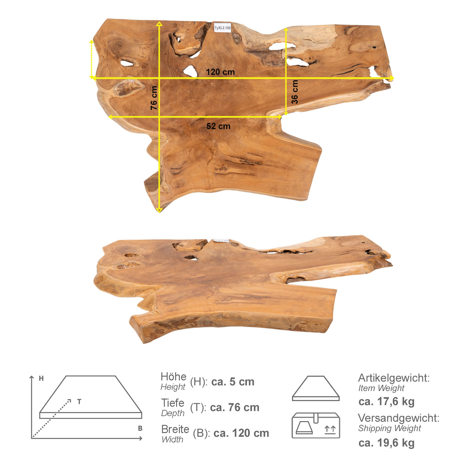 Teak Holz Waschtischplatte LYLAC Gr. XL ab 120 cm braun lasiert TyXL2.159
