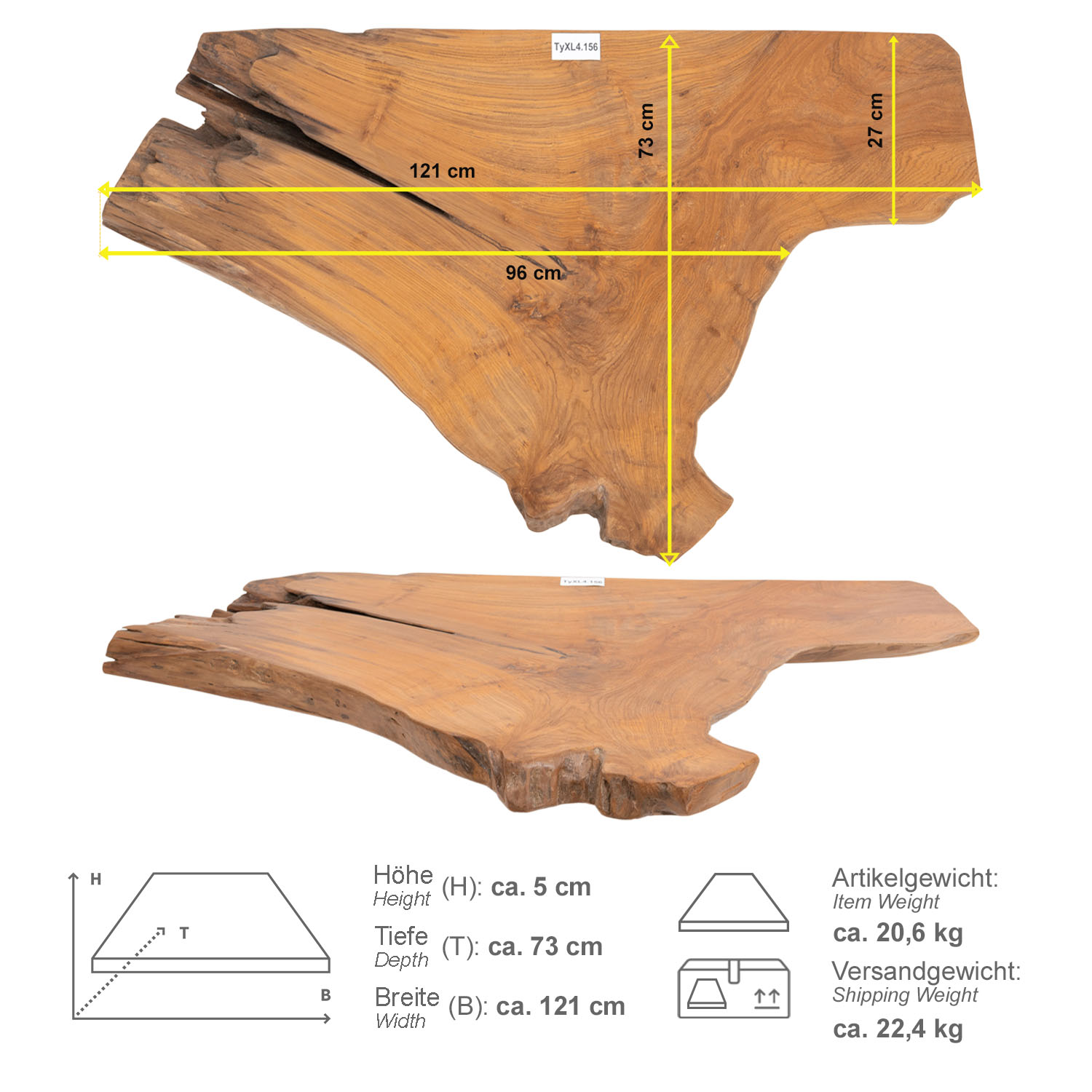 Teak Holz Waschtischplatte LYLAC Gr. XL ab 120 cm braun lasiert TyXL4.156