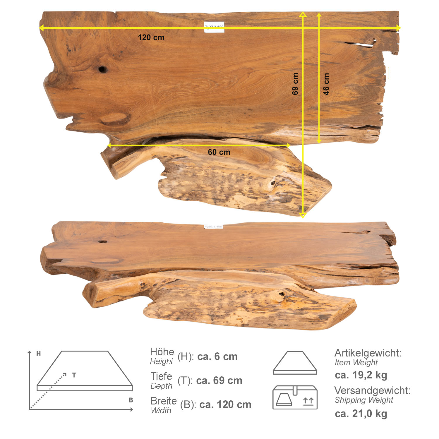 Teak Holz Waschtischplatte LYLAC Gr. XL ab 120 cm braun lasiert TyXL3.156