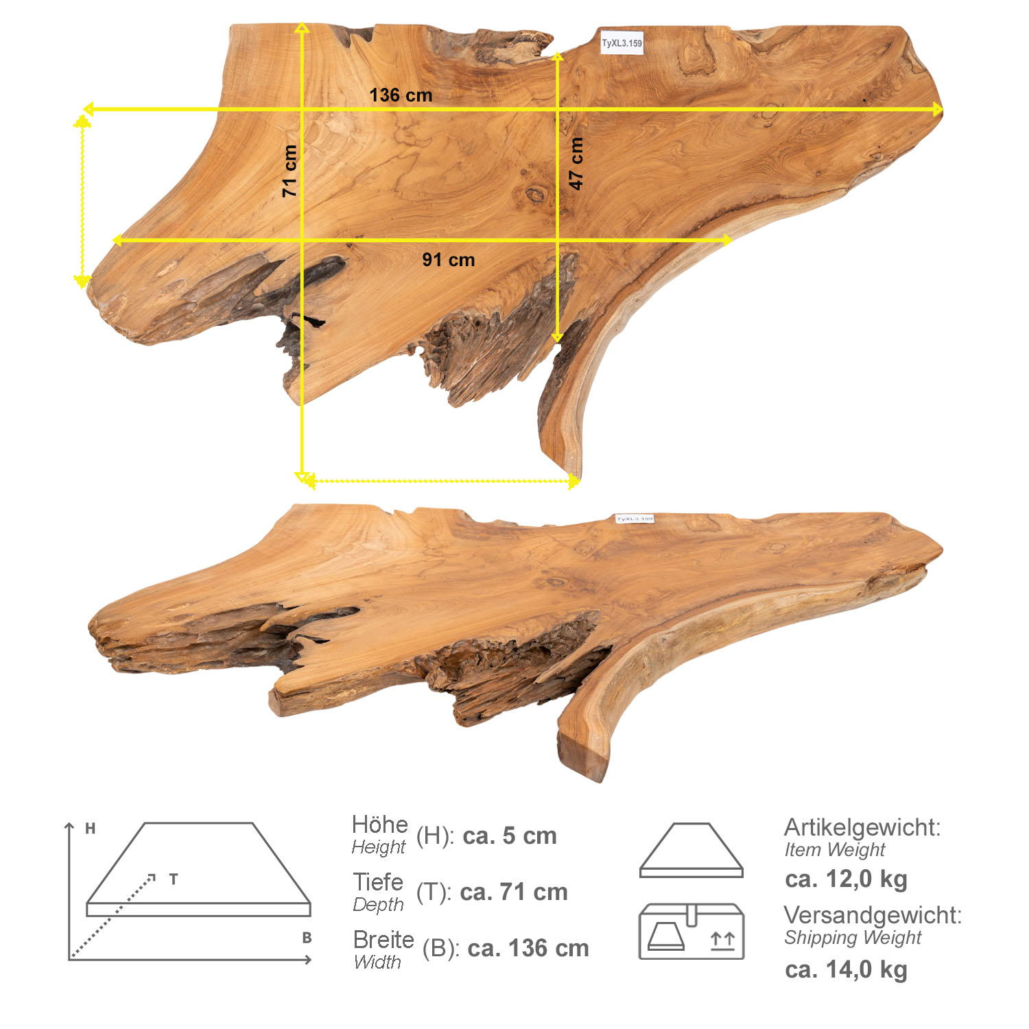 Teak Holz Waschtischplatte LYLAC Gr. XL ab 120 cm braun lasiert TyXL3.159