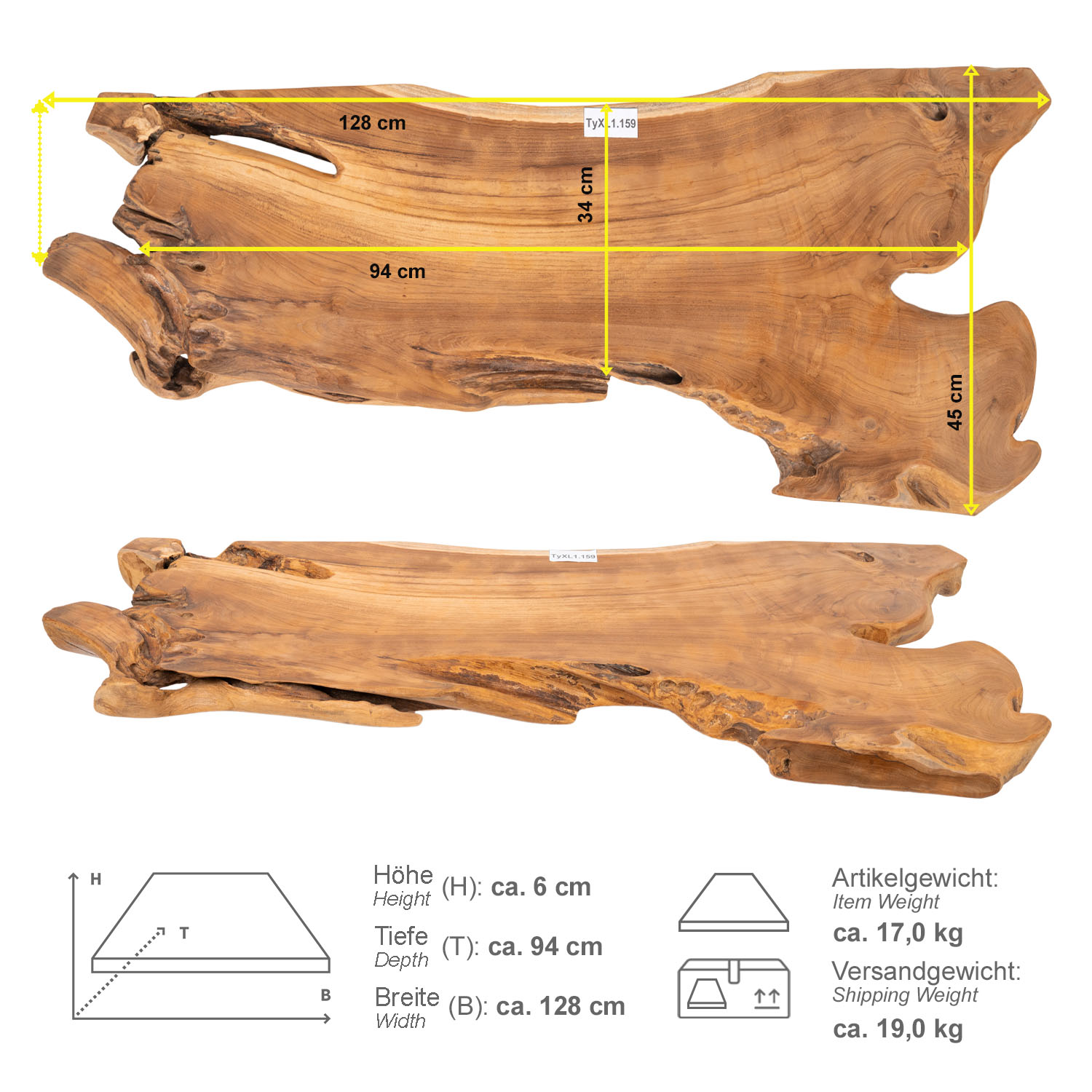 Teak Holz Waschtischplatte LYLAC Gr. XL ab 120 cm braun lasiert TyXL1.159