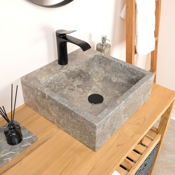 wohnfreuden Marmor Waschbecken KAJA 40 cm grau eckig mit Armaturloch