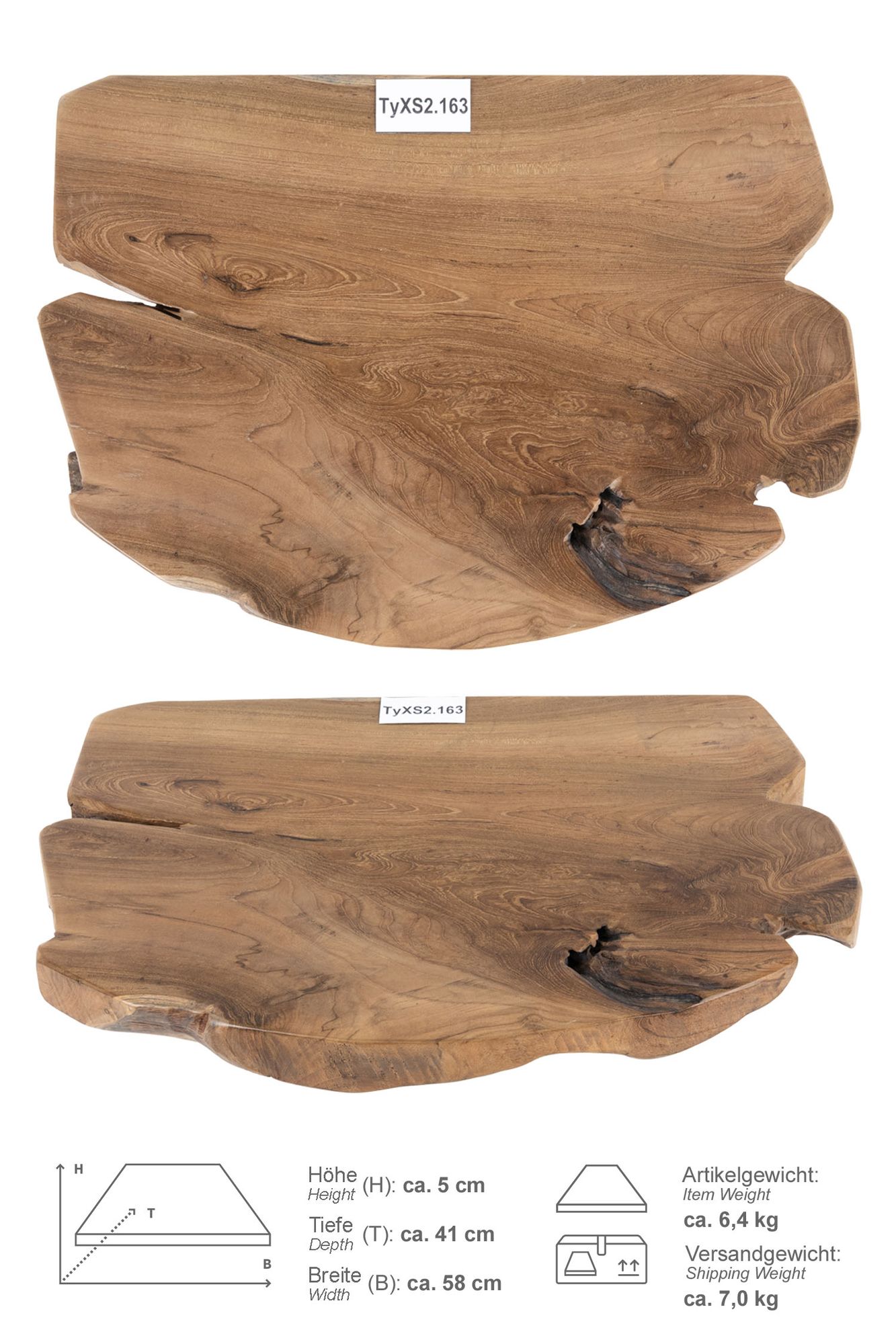 Teakholz Waschtischplatte LYLAC Gr. XS ab 40 cm lasiert TyXS2.163