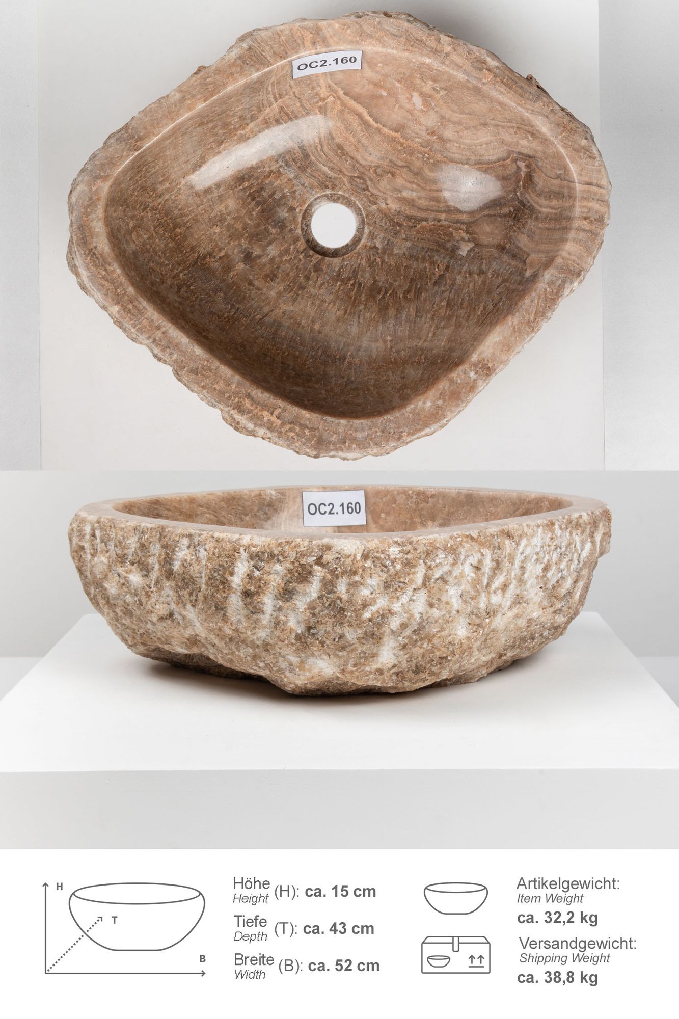 Onyxmarmor Waschbecken 50-60 cm creme natur OC2.160